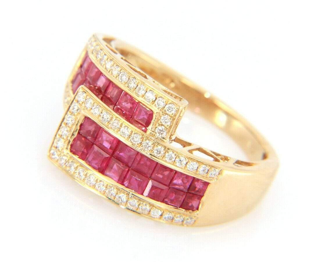 Princess Cut New 1.68ctw Rubies and 0.26ctw Diamond Bypass Ring in 14K Yellow Gold For Sale