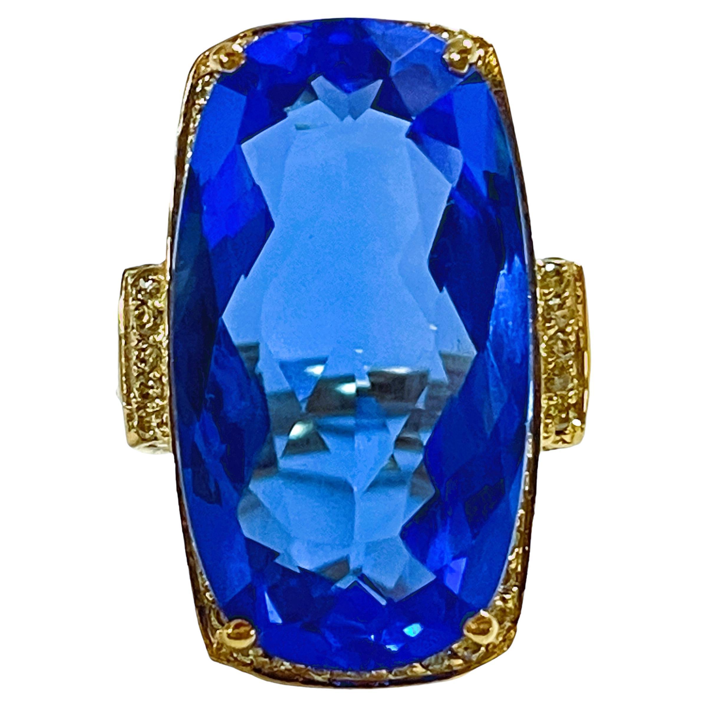 New 16.90 Carat Royal Blue Spinel & White Sapphire YGold Plated Sterling Ring