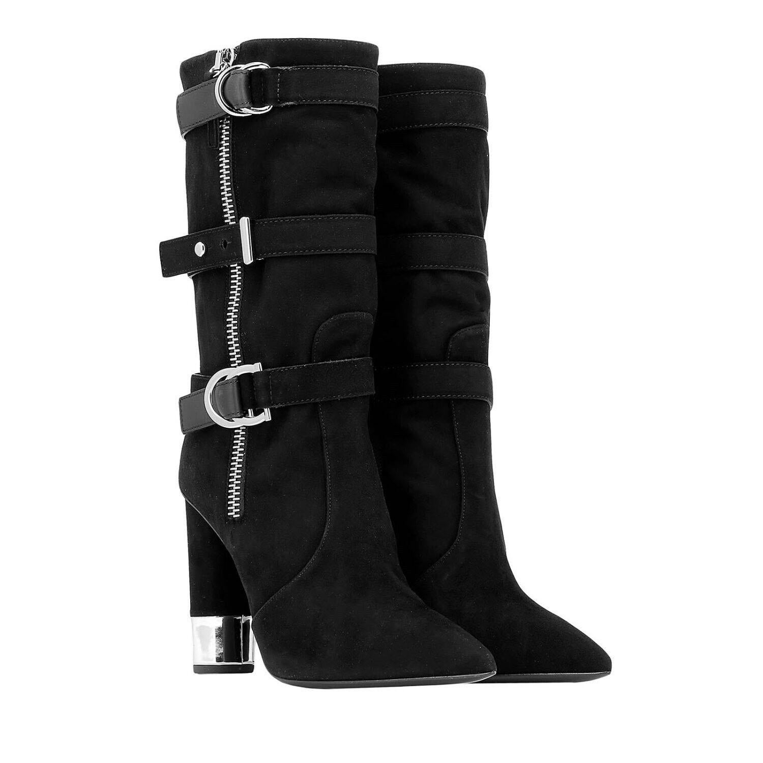 New $1695 Giuseppe Zanotti Black Suede Buckle Zipper Boots  Italian 37.5 In New Condition For Sale In Montgomery, TX