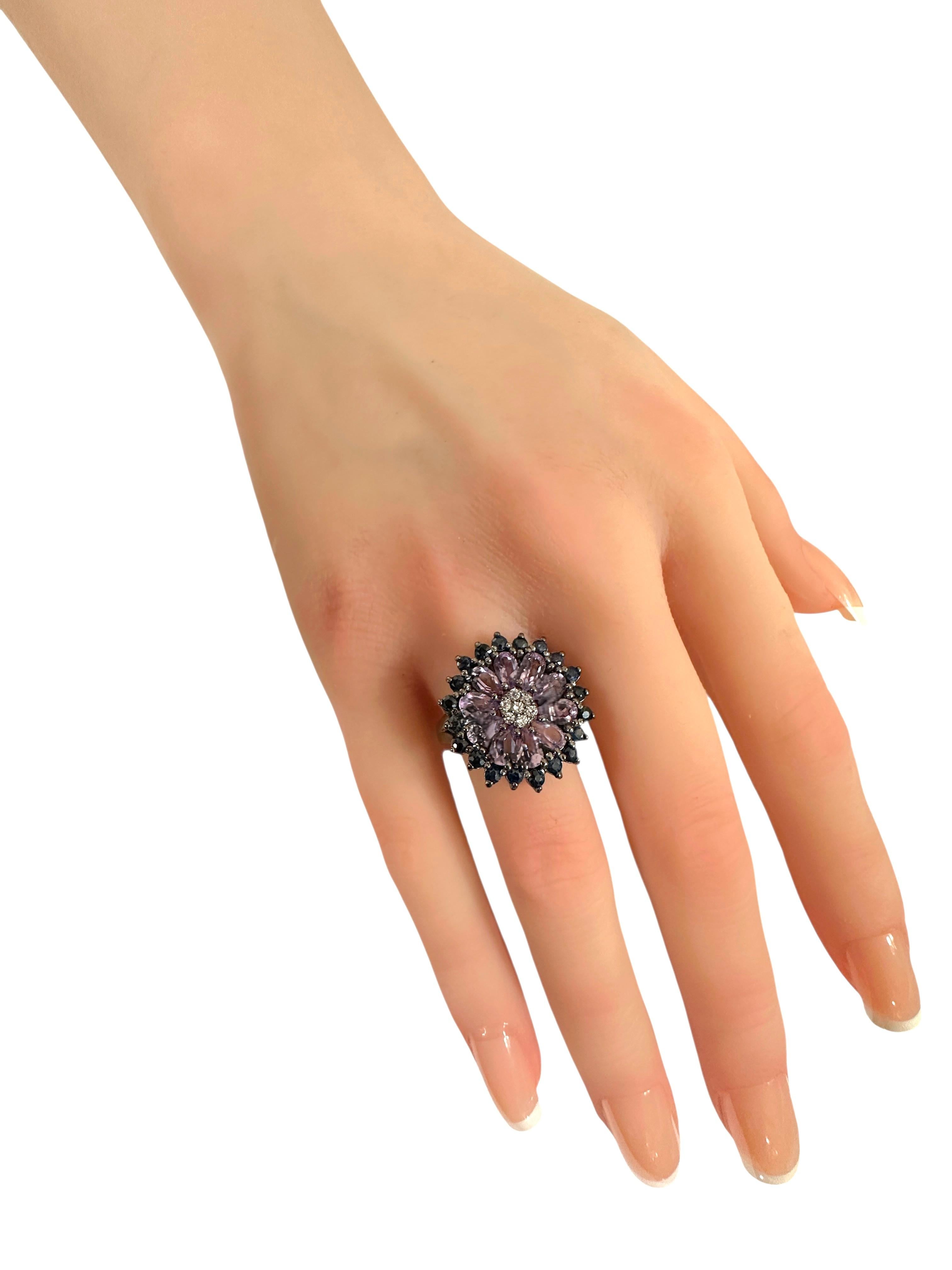 New 1.7 Carat Amethyst & Diamond Cut Sapphire Oxy Black PL Sterling Ring 1