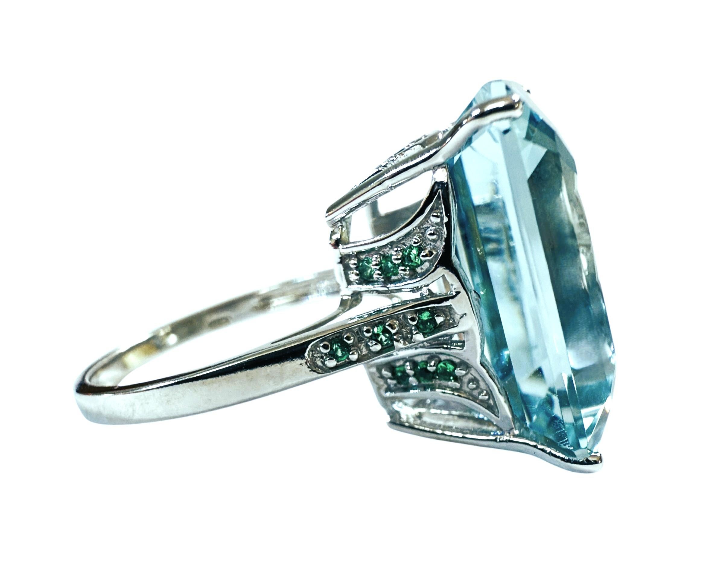 Nuevo Anillo de plata de ley con aguamarina de 17 quilates y zafiro talla diamante Art Decó en venta