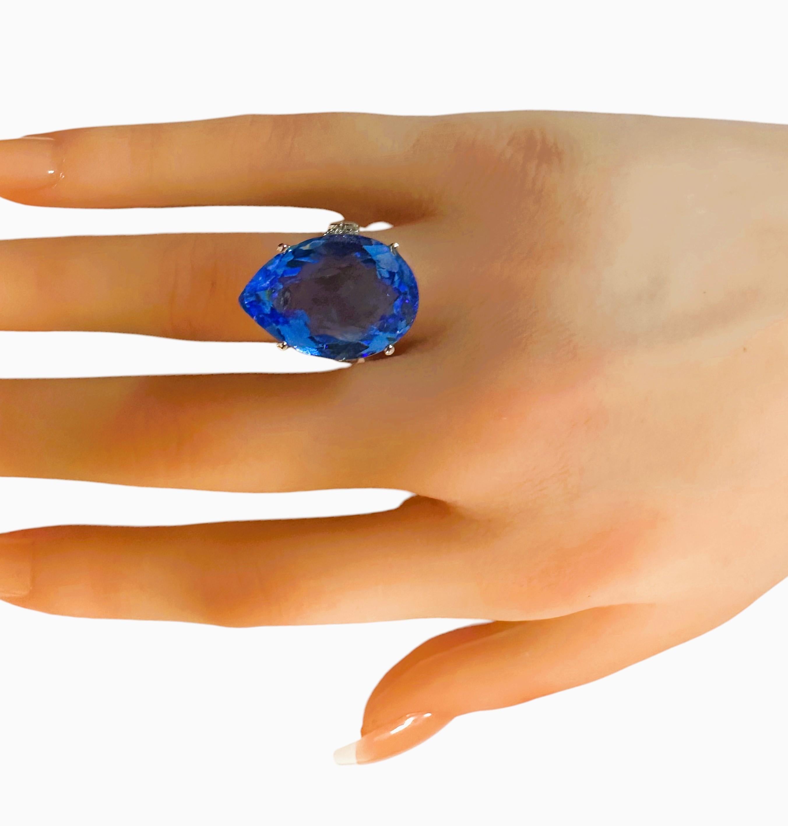 New 17 Carat Neon Blue Pear Cut Topaz & Diamond Cut Sapphire Sterling Ring 5