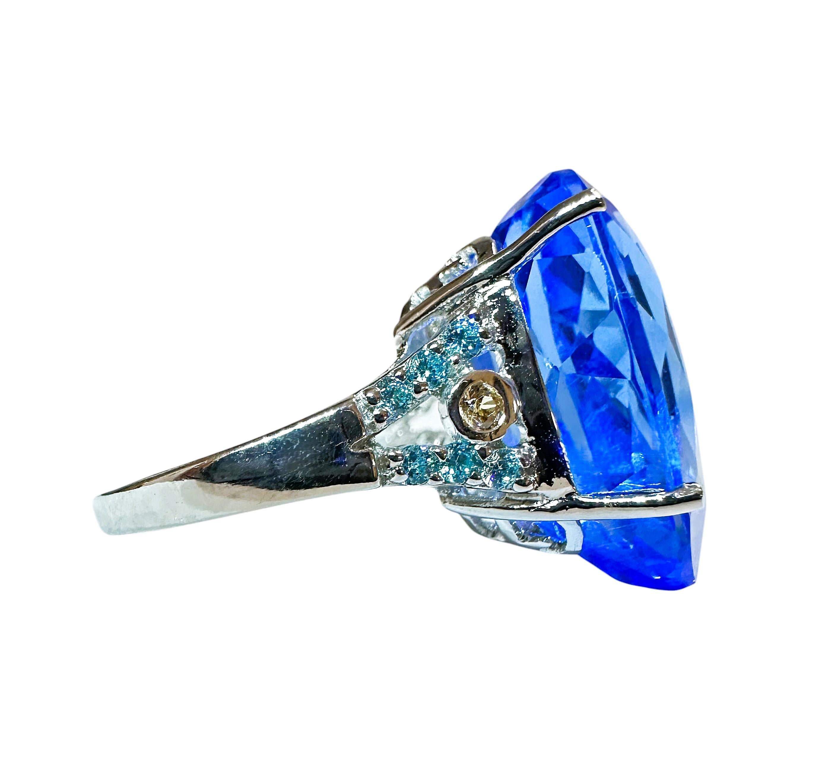 Asscher Cut New 17 Carat Neon Blue Pear Cut Topaz & Diamond Cut Sapphire Sterling Ring