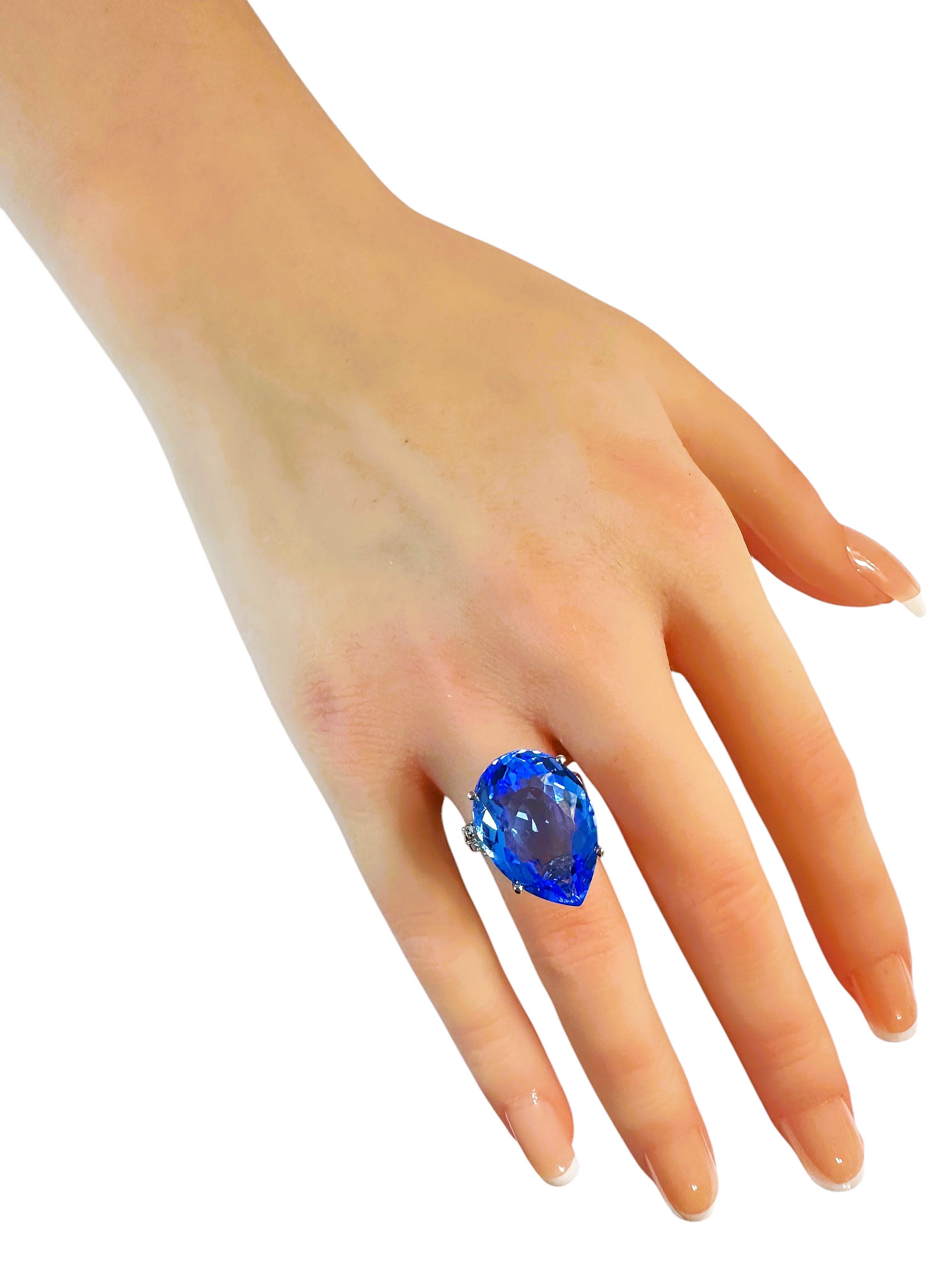 Women's New 17 Carat Neon Blue Pear Cut Topaz & Diamond Cut Sapphire Sterling Ring