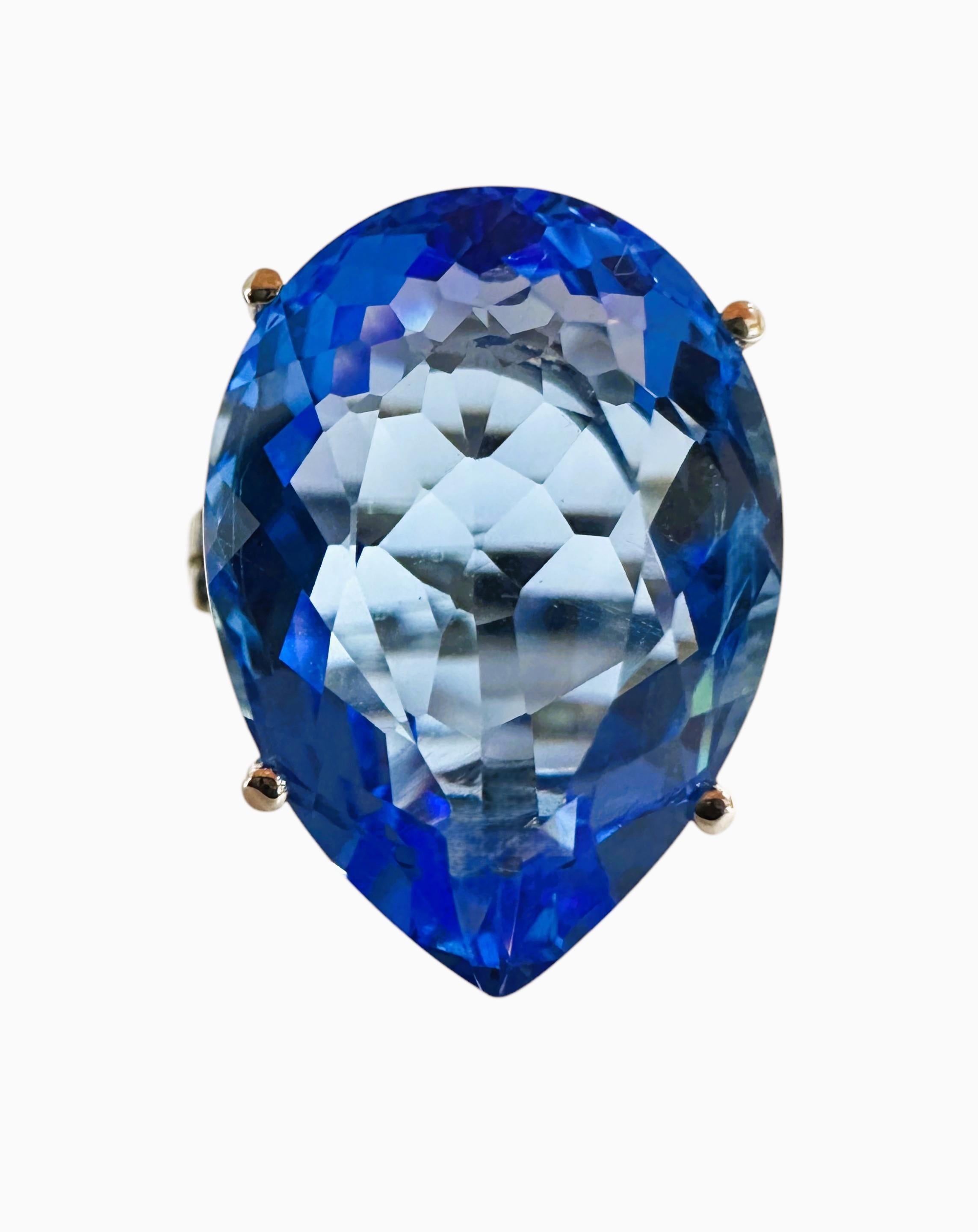 New 17 Carat Neon Blue Pear Cut Topaz & Diamond Cut Sapphire Sterling Ring 2