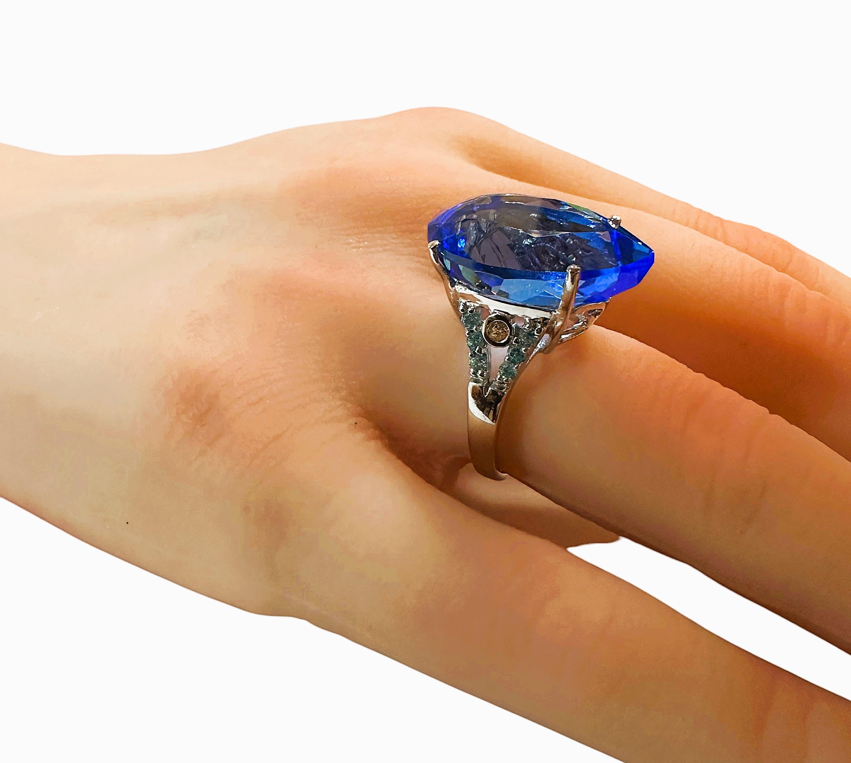New 17 Carat Neon Blue Pear Cut Topaz & Diamond Cut Sapphire Sterling Ring 3