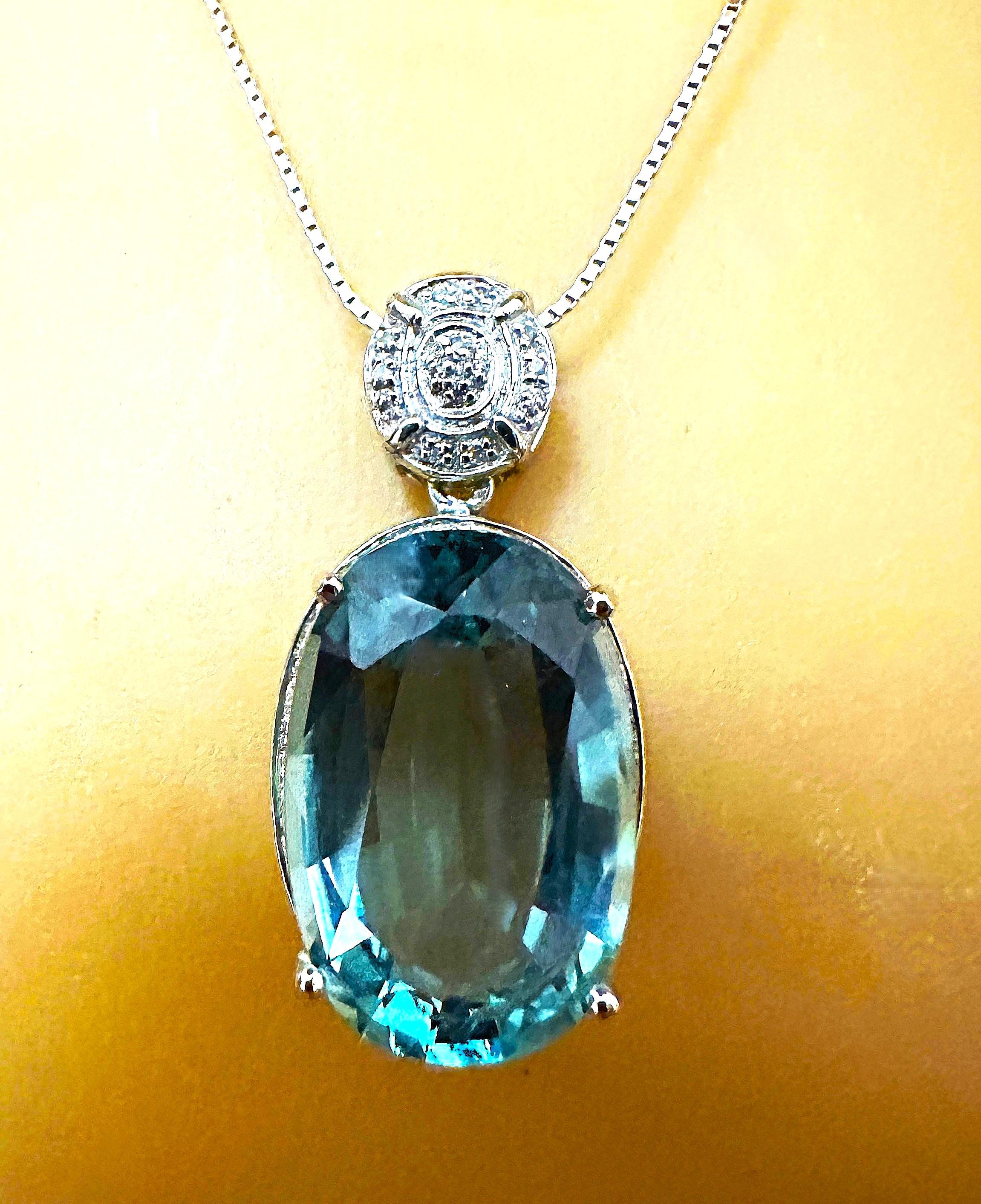 Art Deco New 17.20 Carat Aquamarine & Diamond Cut Sapphire Sterling Pendant Necklace