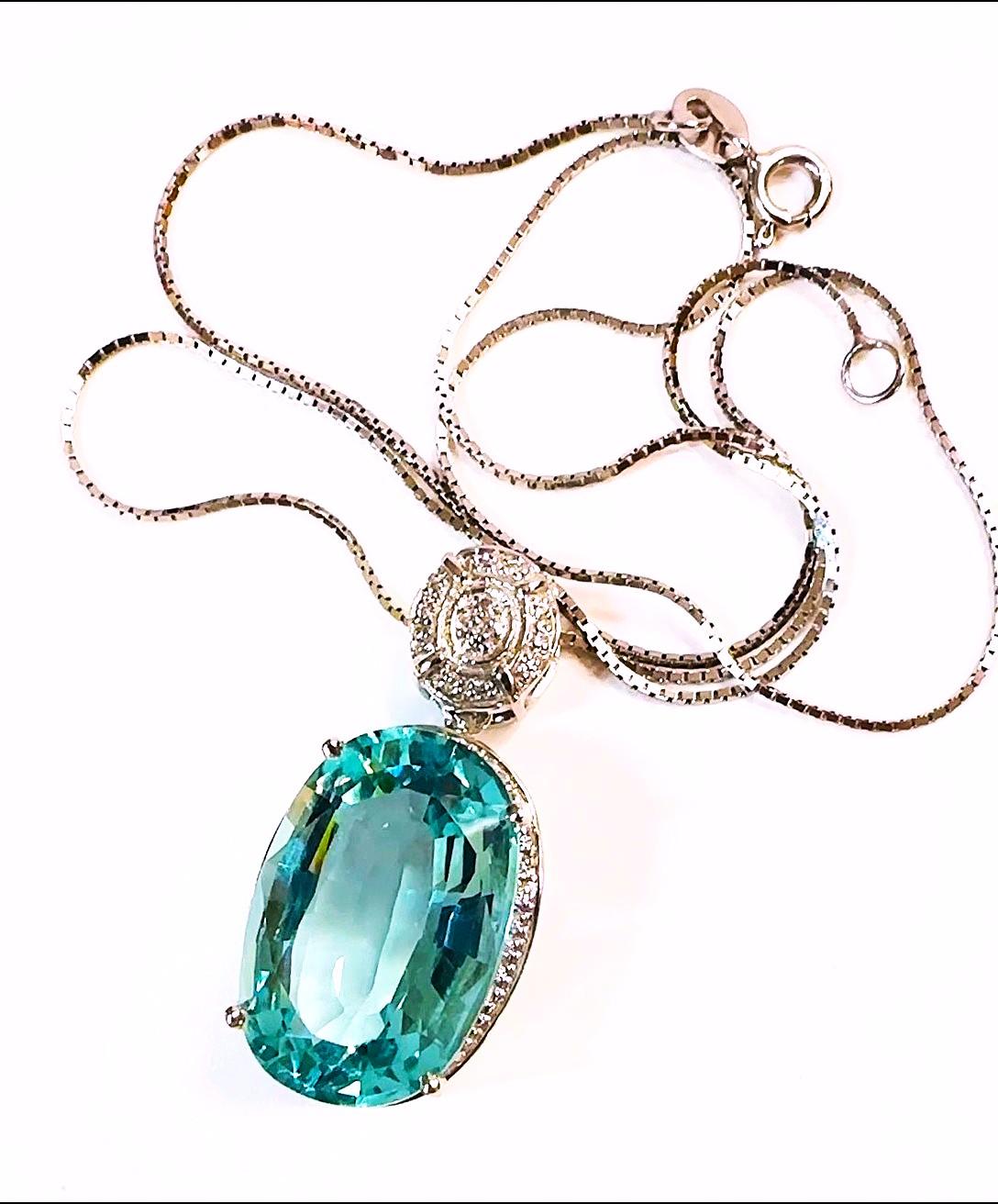 Oval Cut New 17.20 Carat Aquamarine & Diamond Cut Sapphire Sterling Pendant Necklace