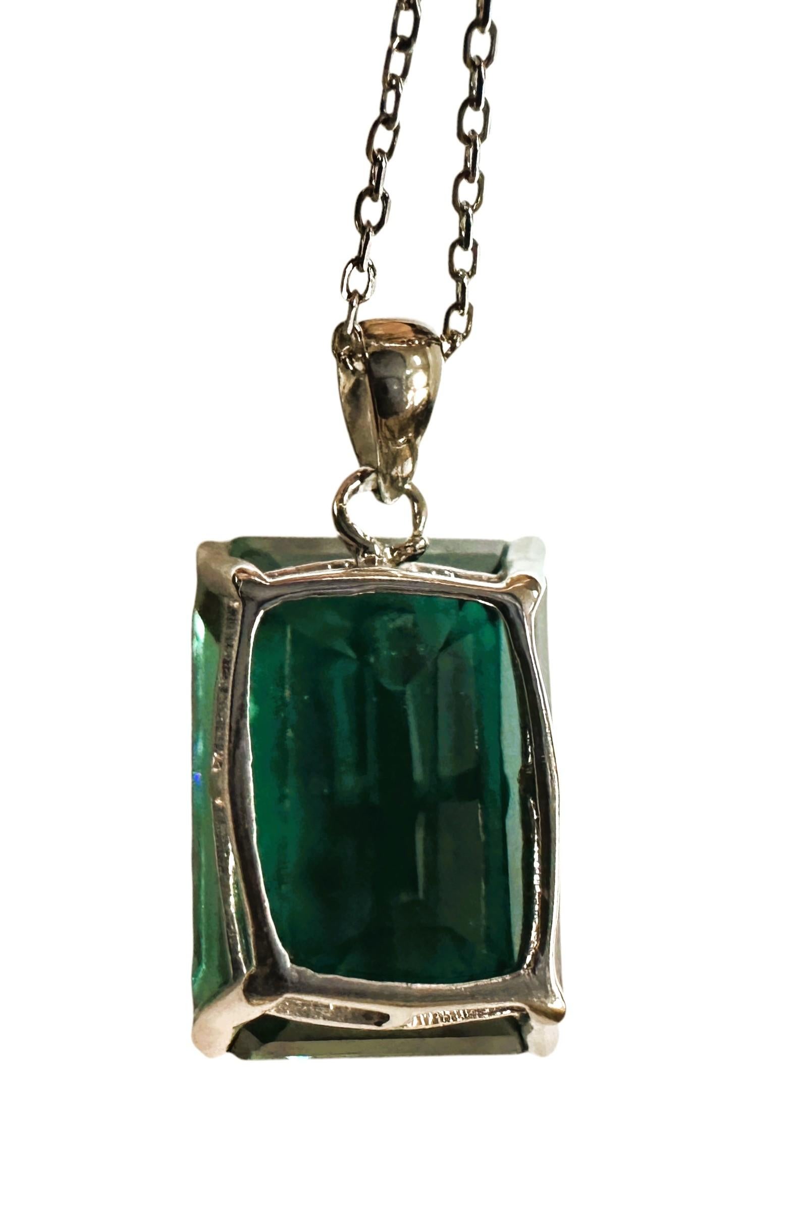 New 17.4 Carat Deep Green Tourmaline Sterling Silver Pendant Necklace 18
