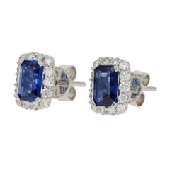 1.74 Carat Radiant Cut Sapphire and Diamond Halo Earrings 18k Gold Pierced Studs
