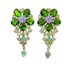 New 1.75 Carat Chrome Diopside, Sapphire & Opal 14k W Gold PL Sterling Earring