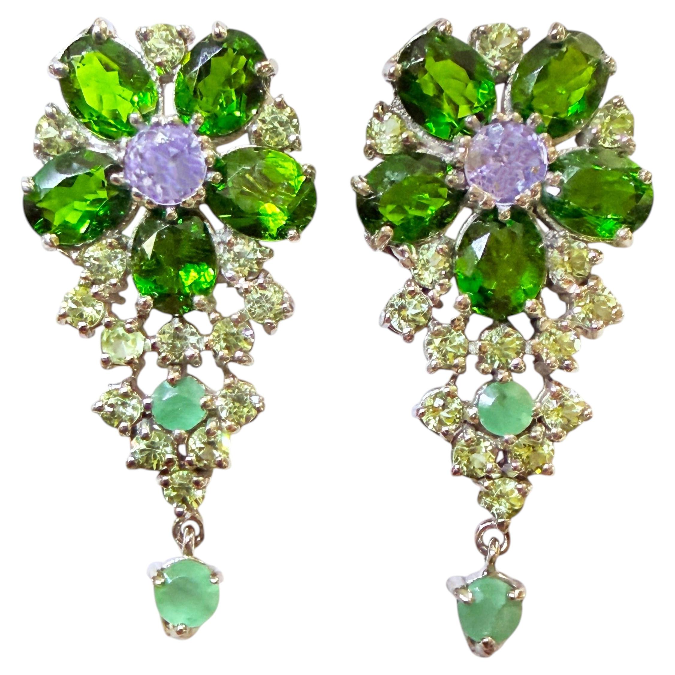 New 1.75 Carat Chrome Diopside, Sapphire & Opal 14k W Gold PL Sterling Earring