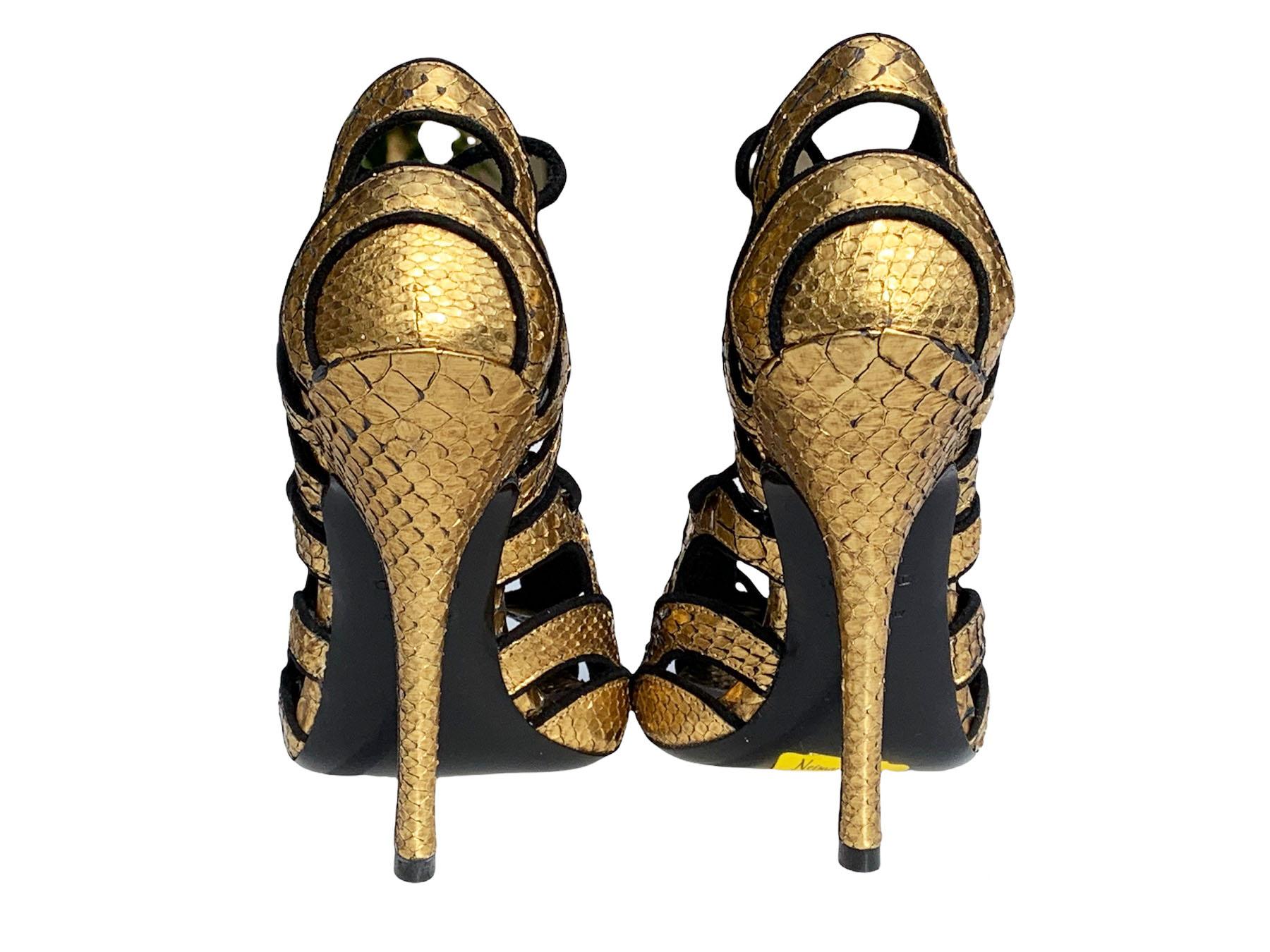 Black New $1790 Tom Ford Gold Metallic Python Lace-Up Cut-Out Shoes Sandals It 37 US 7 For Sale