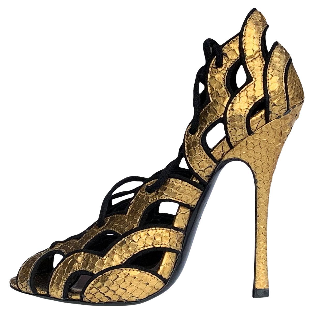 New $1790 Tom Ford Gold Metallic Python Lace-Up Cut-Out Shoes Sandals It 37 US 7 For Sale