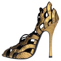 New $1790 Tom Ford Gold Metallic Python Lace-Up Cut-Out Shoes Sandals It 37 US 7