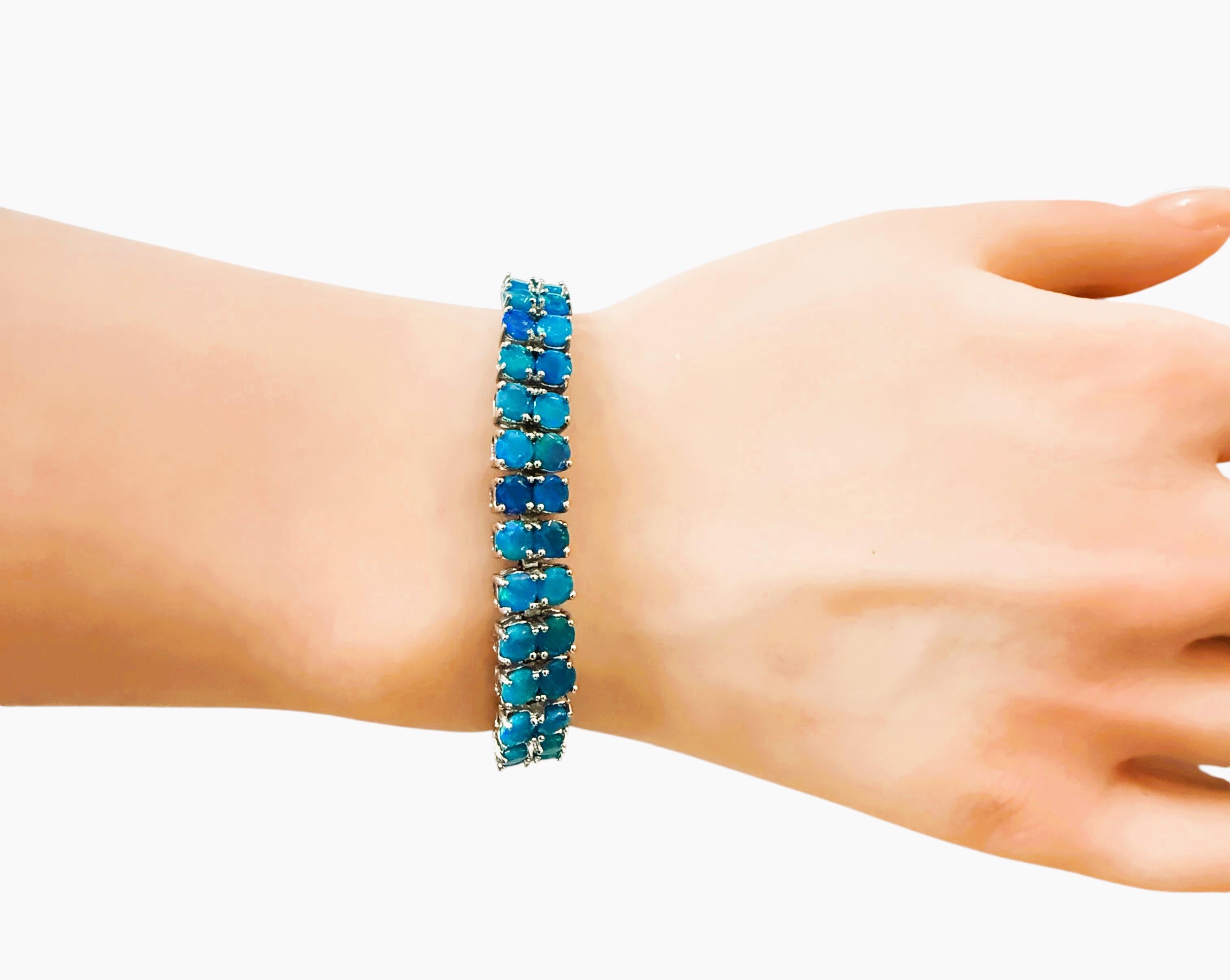 New 18 Carat Diamond Cut Ethiopian Blue Opal Sterling Silver Bracelet 7.5 Inches 1
