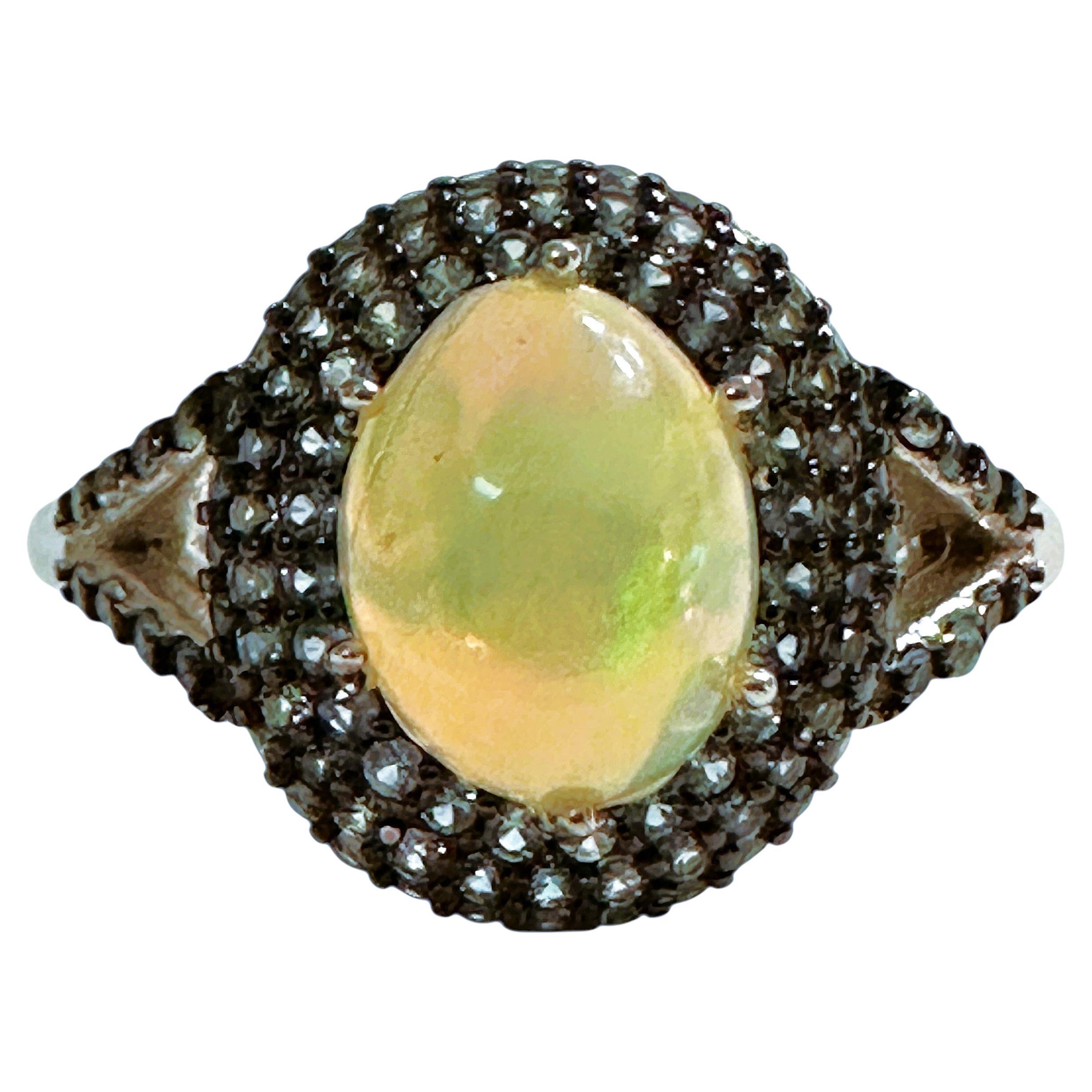 New 1.86 Carat Opal & Diamond Cut Sapphire 14k W Gold & Oxi PL Sterling  Ring