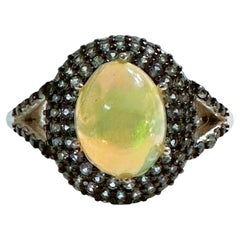 New 1.86 Carat Opal & Diamond Cut Sapphire 14k W Gold & Oxi PL Sterling  Ring