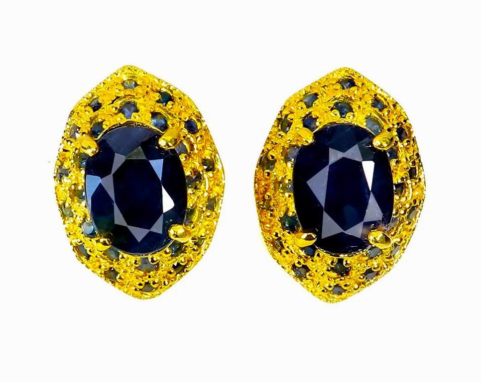 Neu  1,86 Karat Oval Saphir & Diamantschliff Saphir Y Gold PL Sterling Ohrringe (Art déco)
