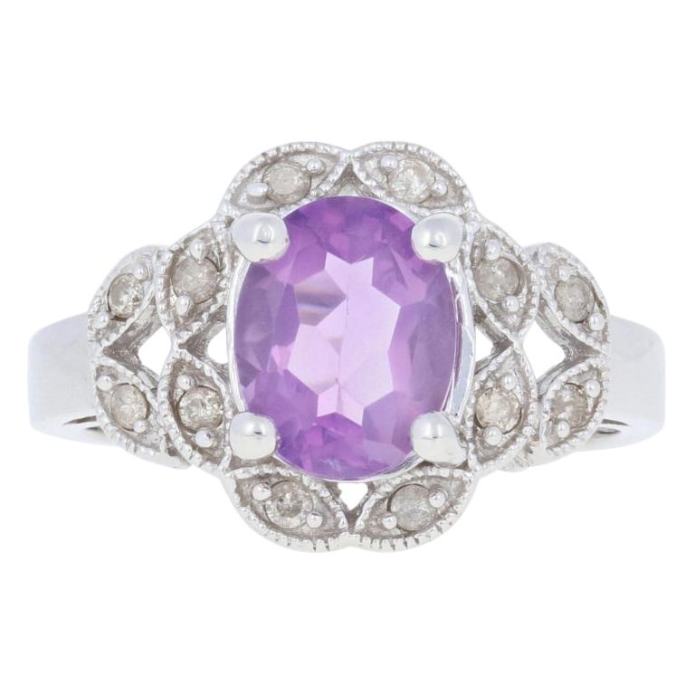 For Sale:  New 1.88ctw Oval Cut Rose de France Amethyst & Diamond Ring 14k White Gold Halo