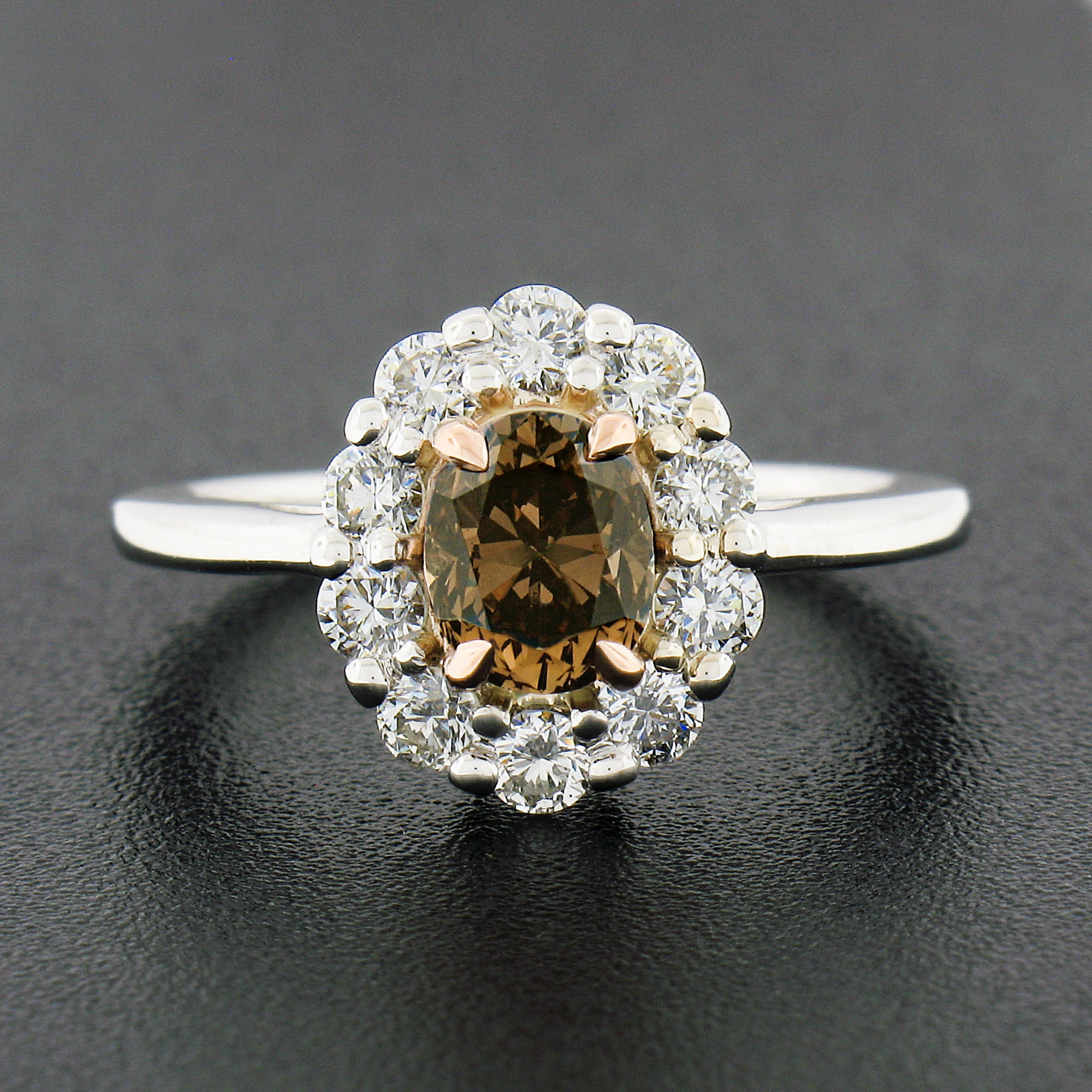 Oval Cut New 18k & 14k Gold Gia Fancy Dark Yellow Brown Solitaire W/ Diamond Halo Ring For Sale