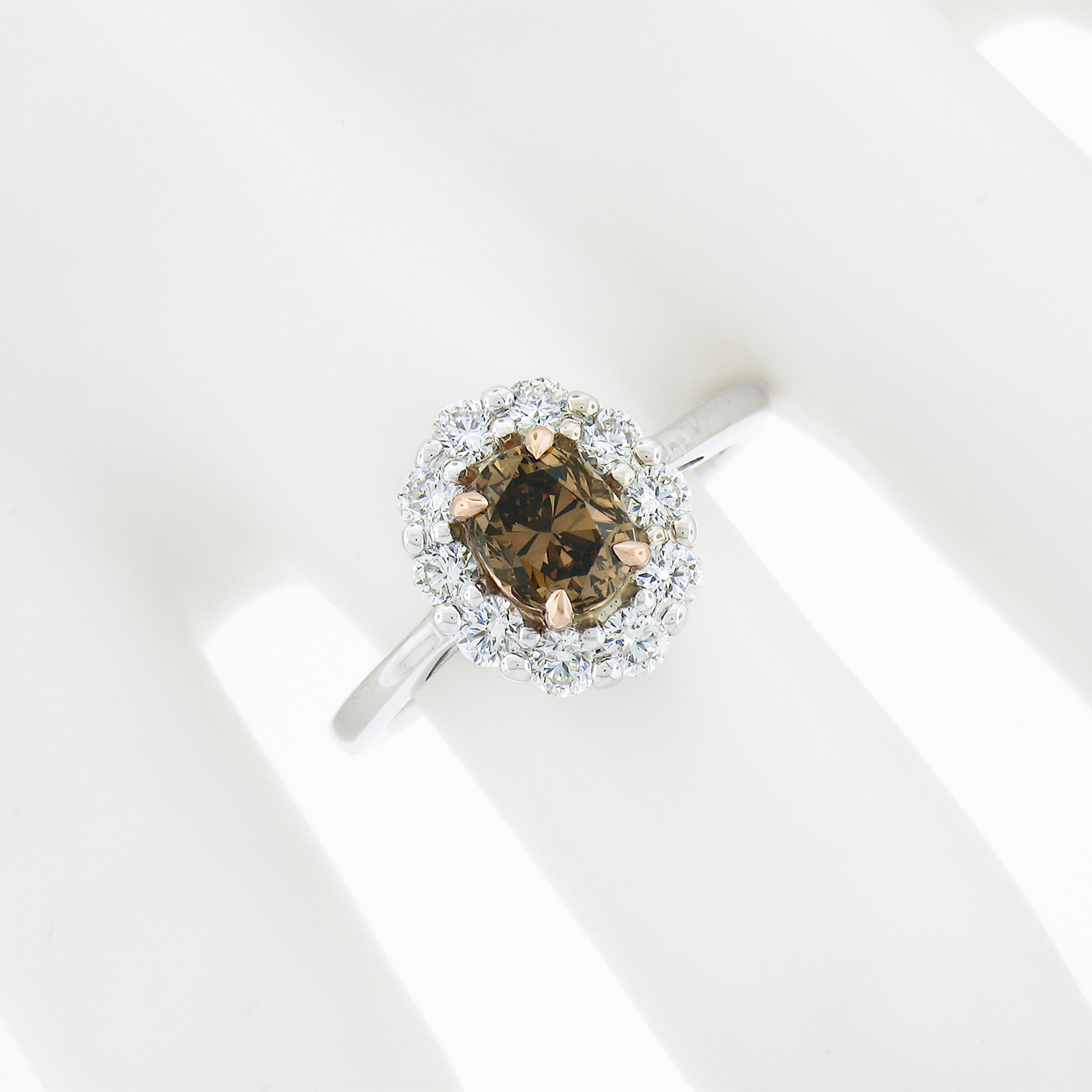 New 18k & 14k Gold Gia Fancy Dark Yellow Brown Solitaire W/ Diamond Halo Ring In New Condition For Sale In Montclair, NJ