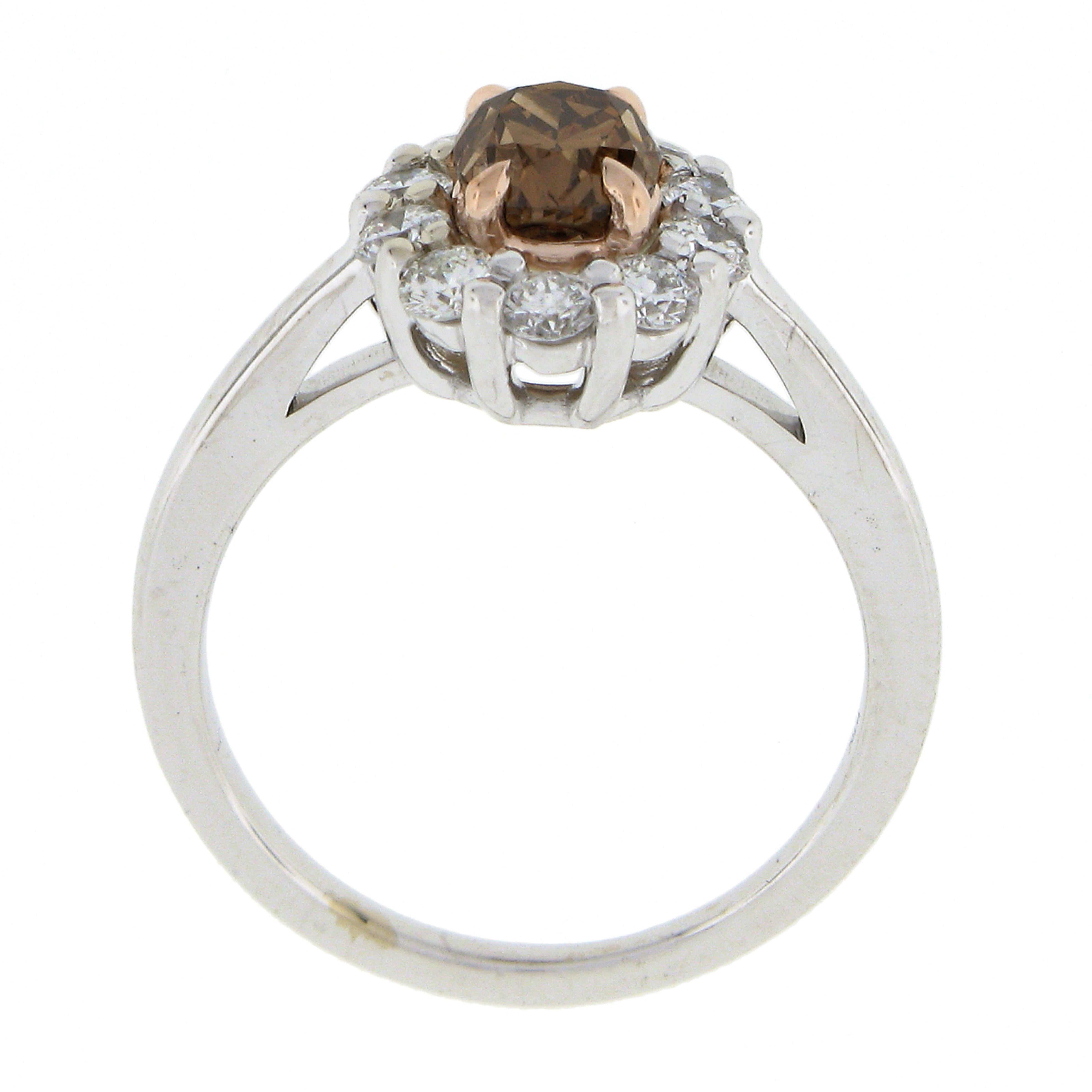 New 18k & 14k Gold Gia Fancy Dark Yellow Brown Solitaire W/ Diamond Halo Ring For Sale 3