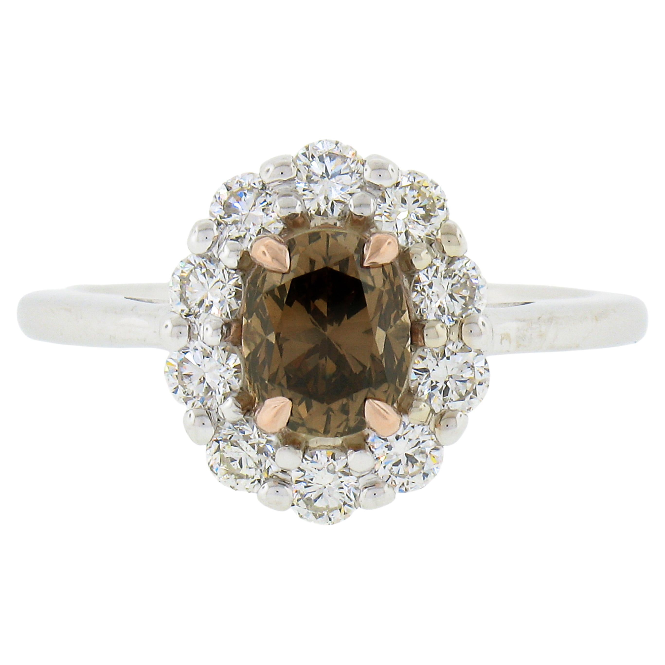 New 18k & 14k Gold Gia Fancy Dark Yellow Brown Solitaire W/ Diamond Halo Ring For Sale