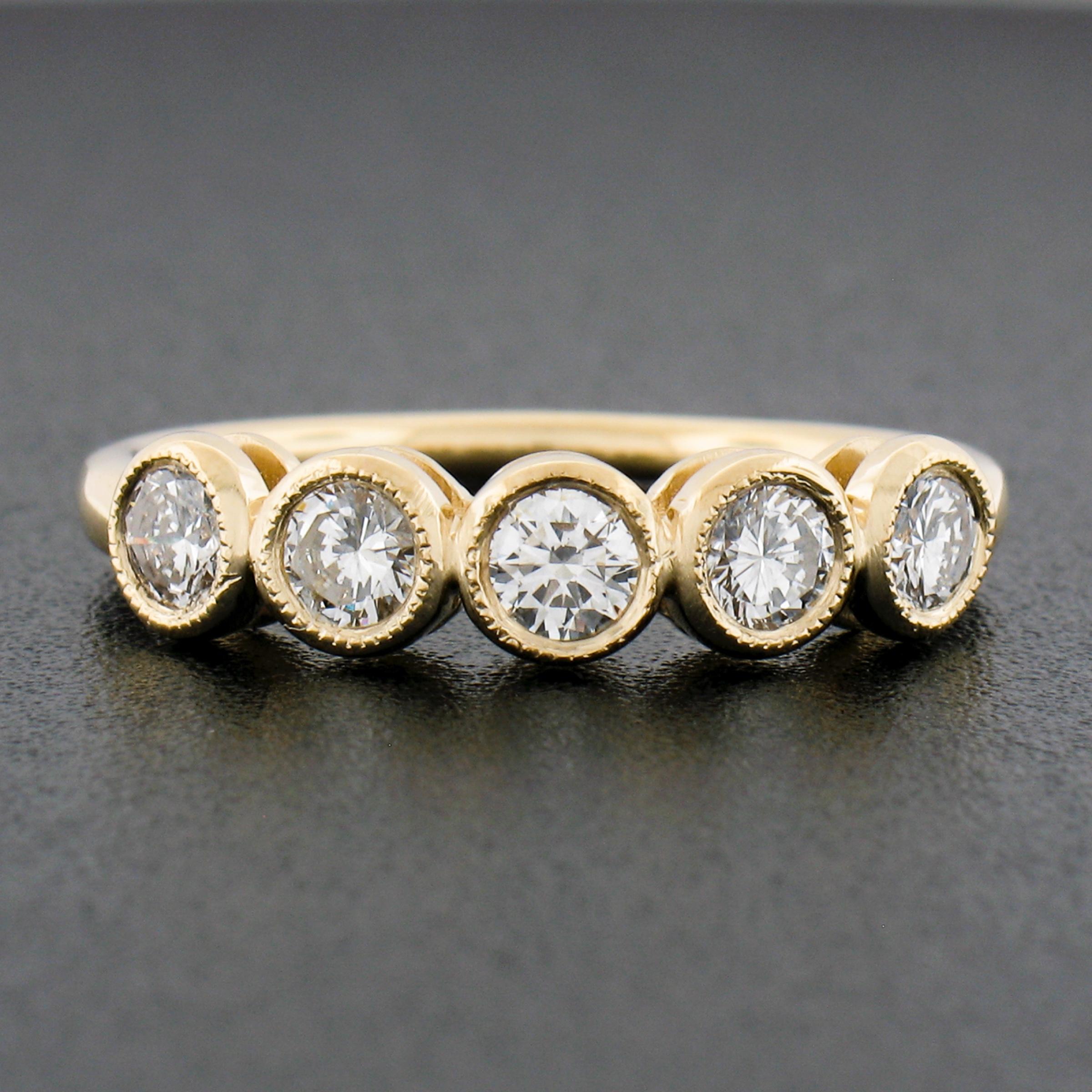 Round Cut NEW 18k Gold 0.63ct Milgrain Bezel Round Diamond 5 Stone Stack Wedding Band Ring For Sale