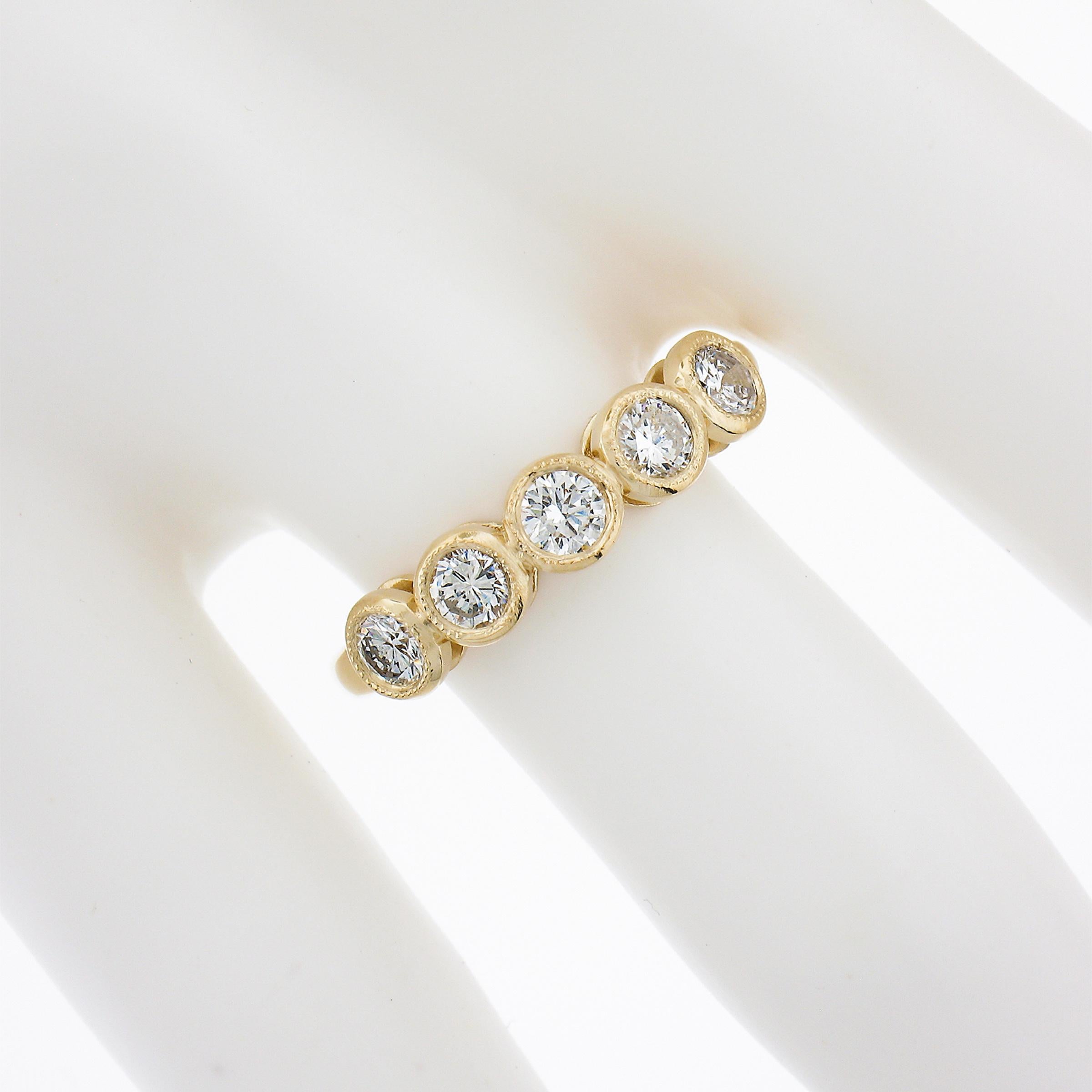 Round Cut NEW 18k Gold 0.63ct Milgrain Bezel Round Diamond 5 Stone Stack Wedding Band Ring For Sale