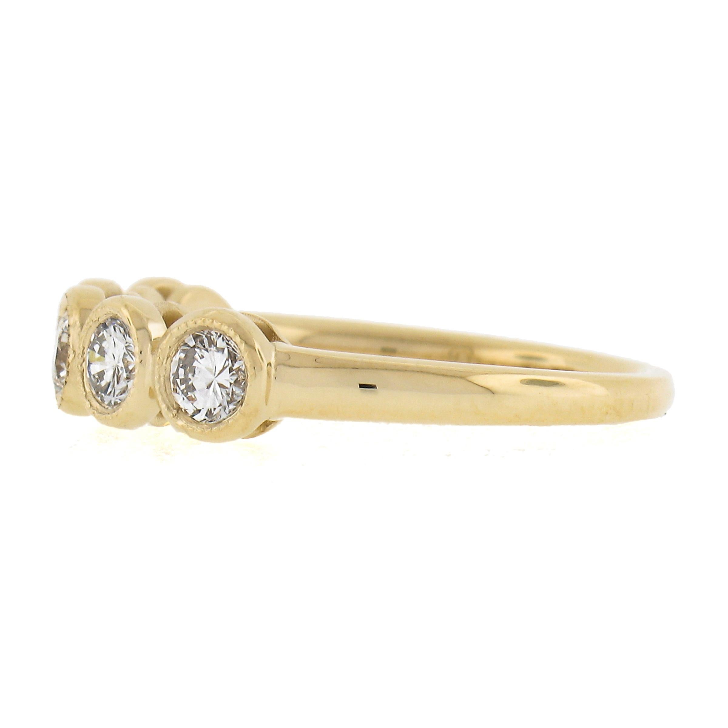 NEW 18k Gold 0.63ct Milgrain Bezel Round Diamond 5 Stone Stack Wedding Band Ring For Sale 2
