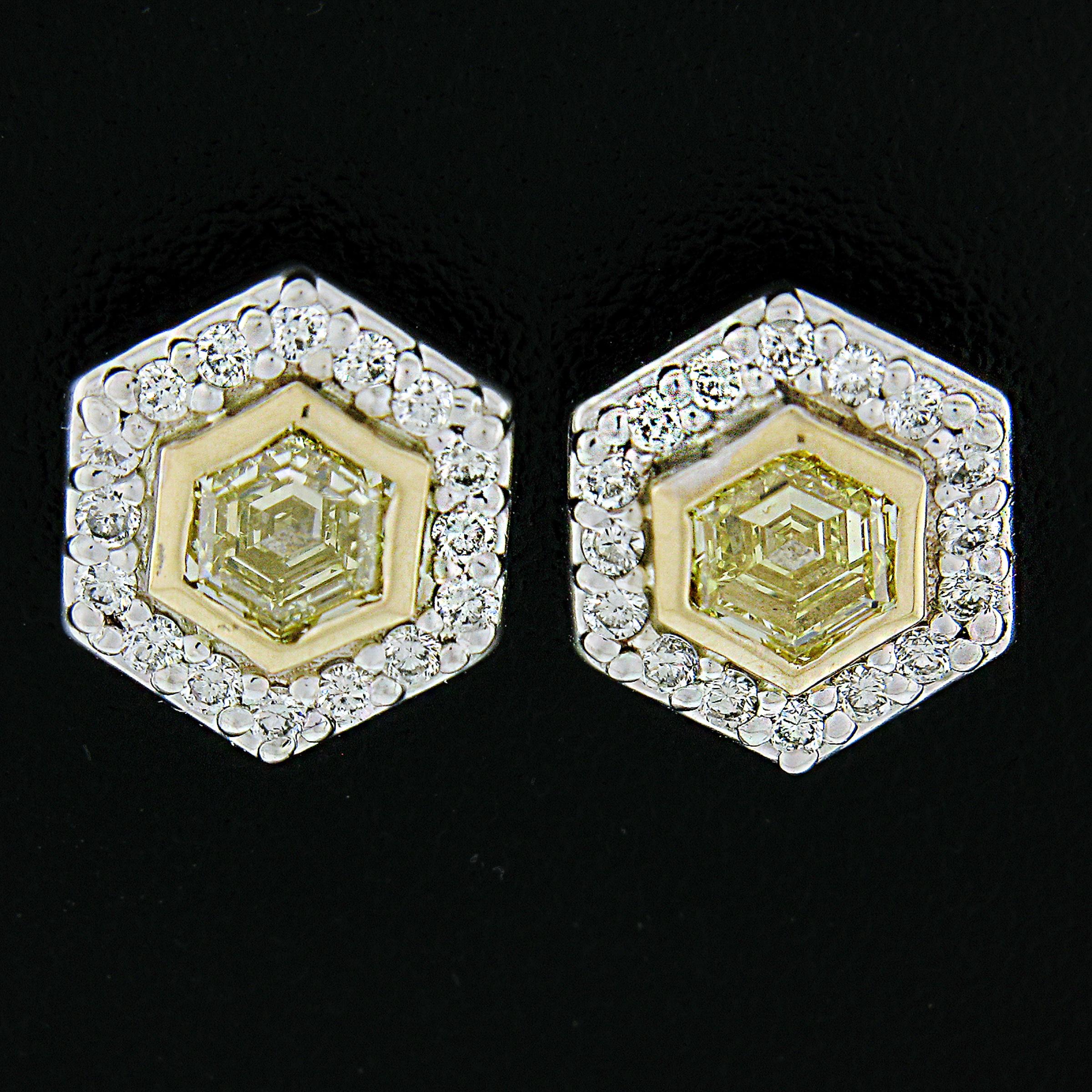 Women's NEW 18k Gold 0.96ctw GIA Hexagonal Fancy Yellow Diamond w/ Halo Stud Earrings Ba For Sale