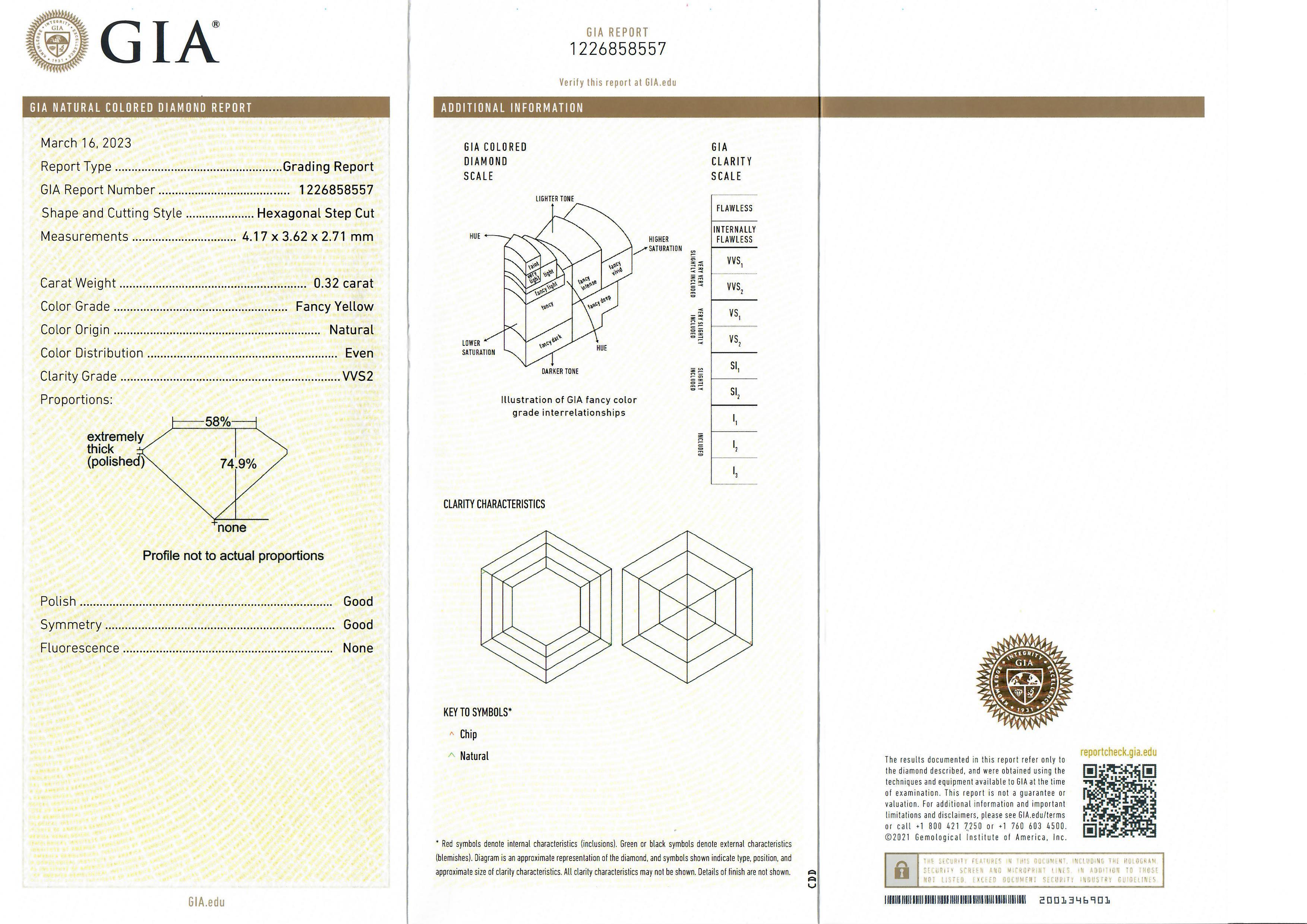 NEW 18k Gold 0.96ctw GIA Hexagonal Fancy Yellow Diamond w/ Halo Stud Earrings Ba For Sale 3