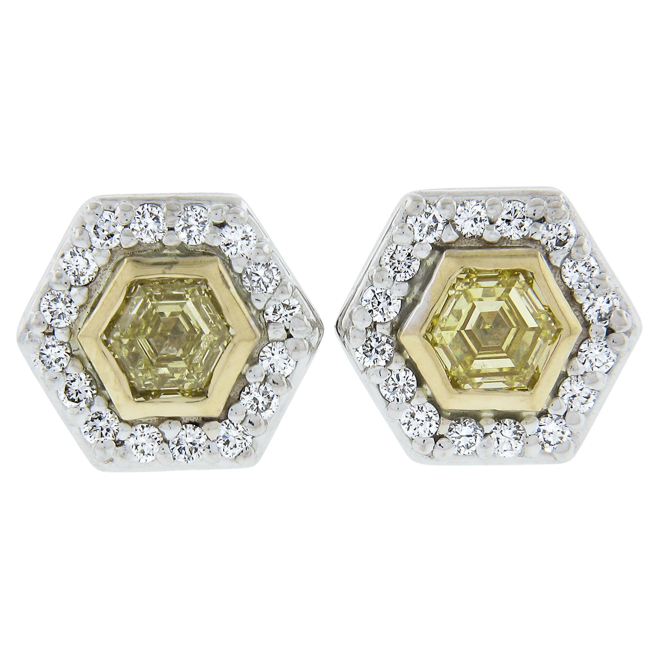 NEW 18k Gold 0.96ctw GIA Hexagonal Fancy Yellow Diamond w/ Halo Stud Earrings Ba For Sale