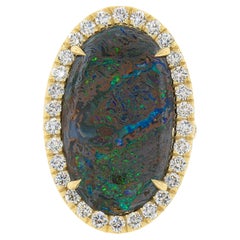 New 18k Gold 11.36ctw GIA Oval Brown Boulder Opal & Diamond Halo Cocktail Ring