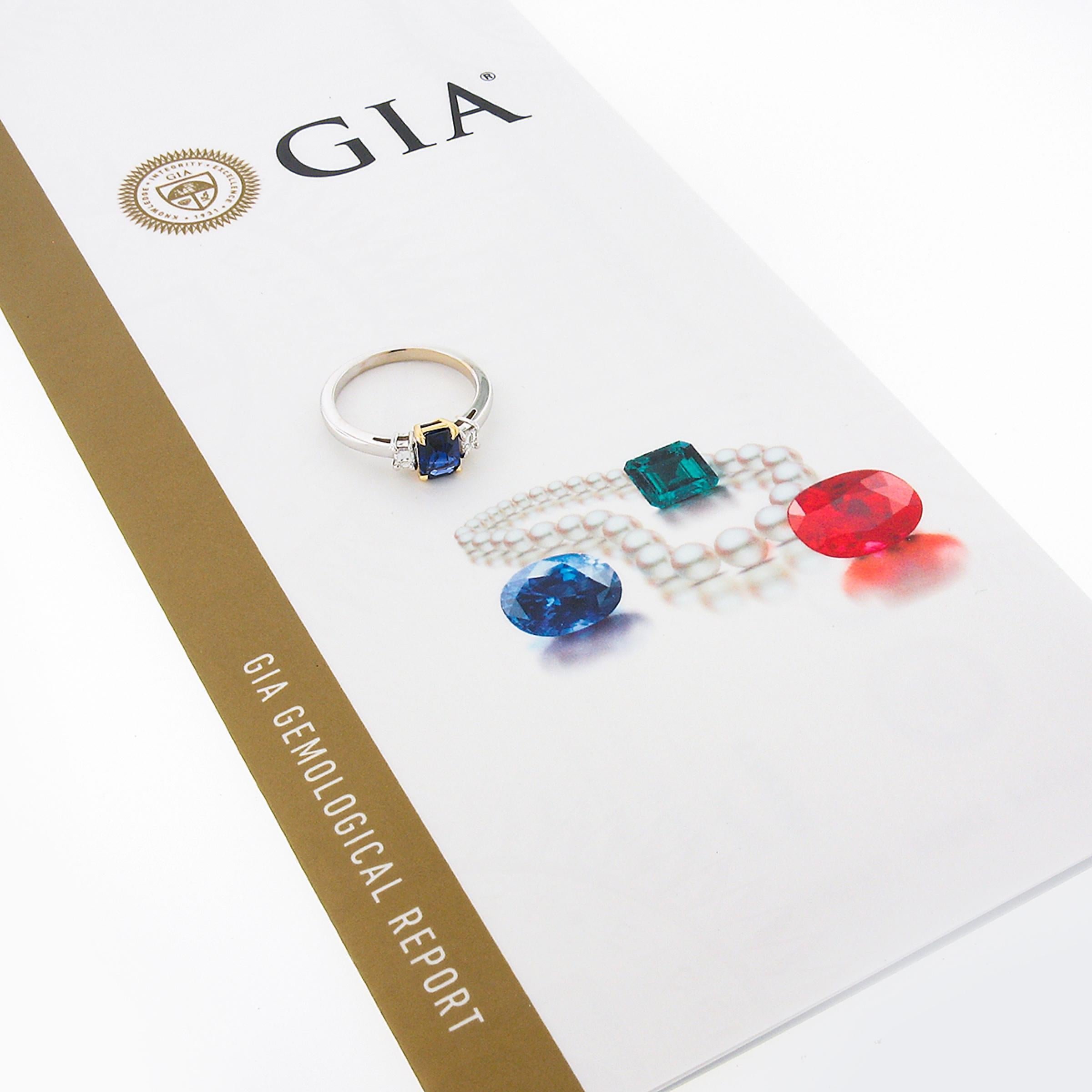 New 18K Gold 1.39ct GIA Emerald Cut Ceylon Sapphire & Diamond 3 Three Stone Ring For Sale 5