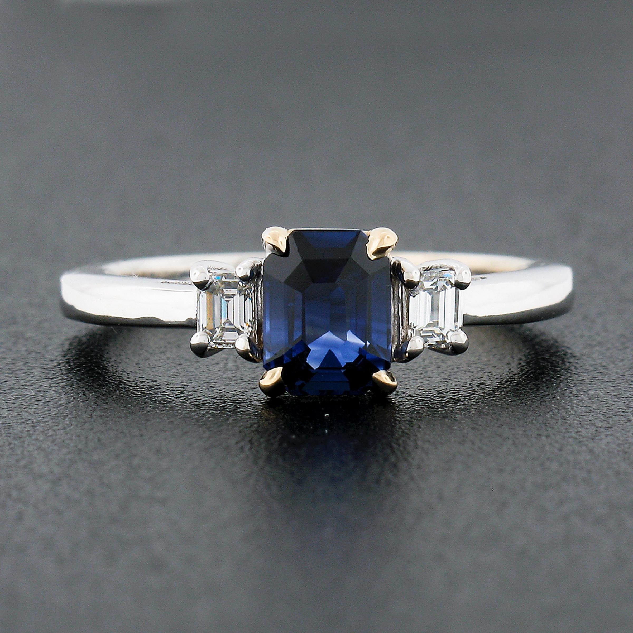 Octagon Cut New 18K Gold 1.39ct GIA Emerald Cut Ceylon Sapphire & Diamond 3 Three Stone Ring For Sale