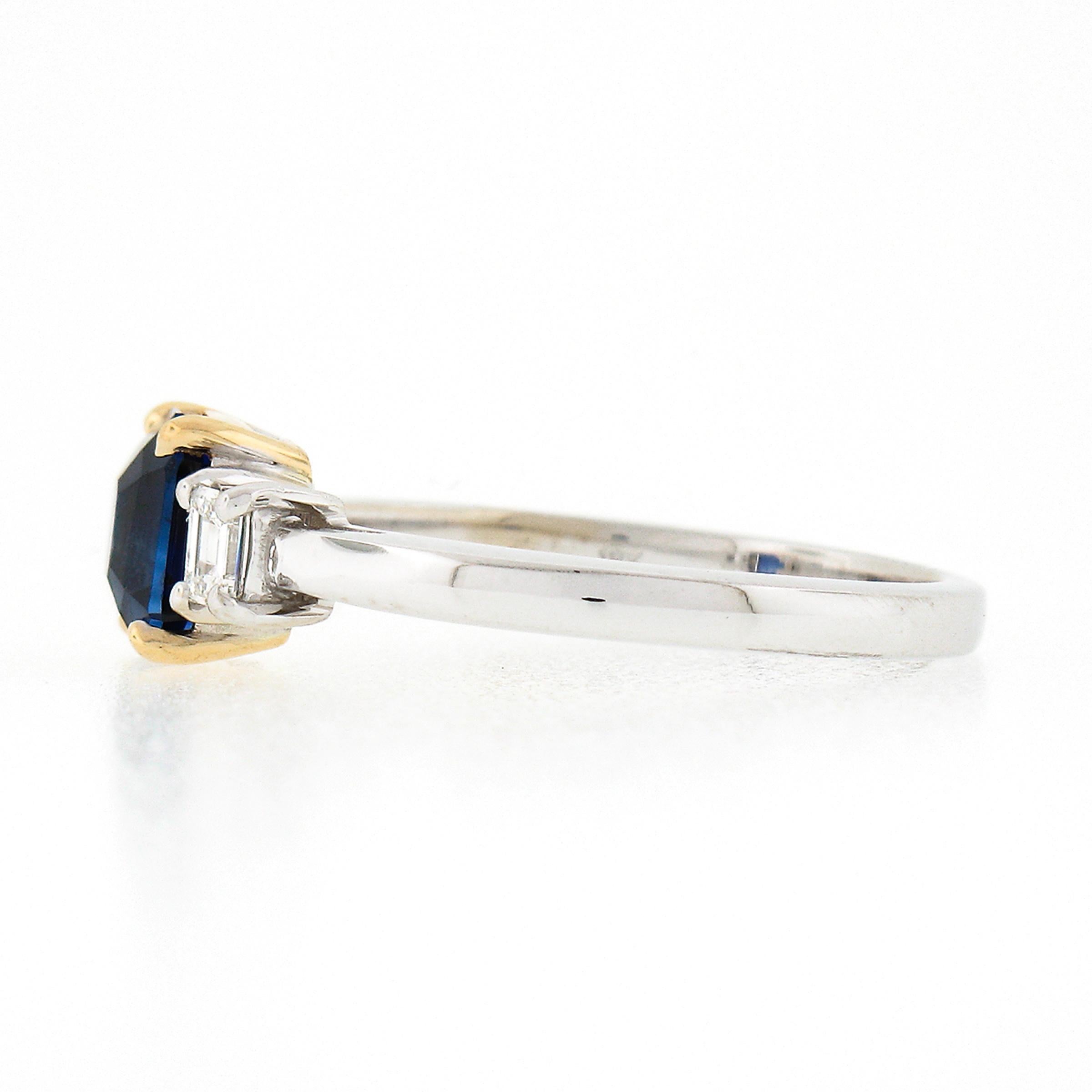 New 18K Gold 1.39ct GIA Emerald Cut Ceylon Sapphire & Diamond 3 Three Stone Ring For Sale 1