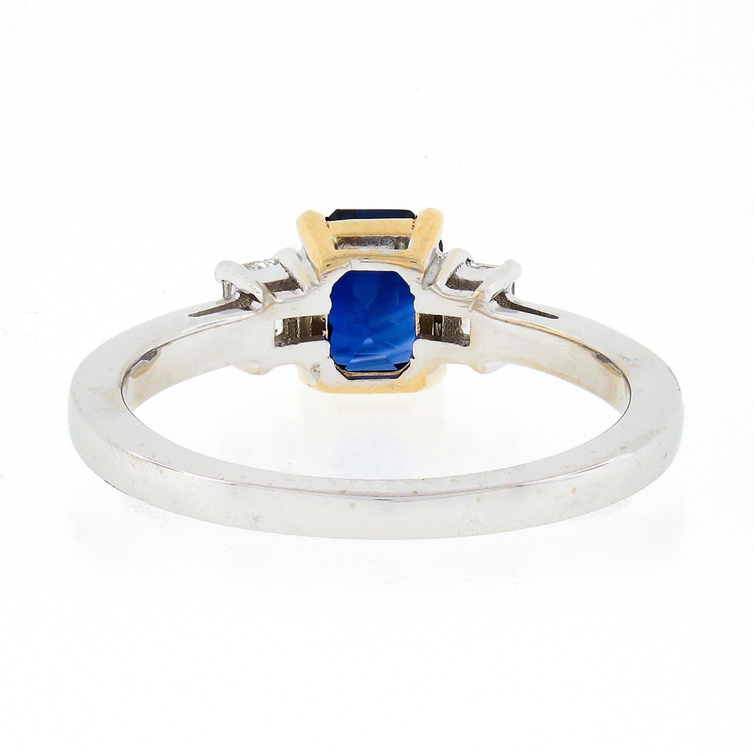 New 18K Gold 1.39ct GIA Emerald Cut Ceylon Sapphire & Diamond 3 Three Stone Ring For Sale 2