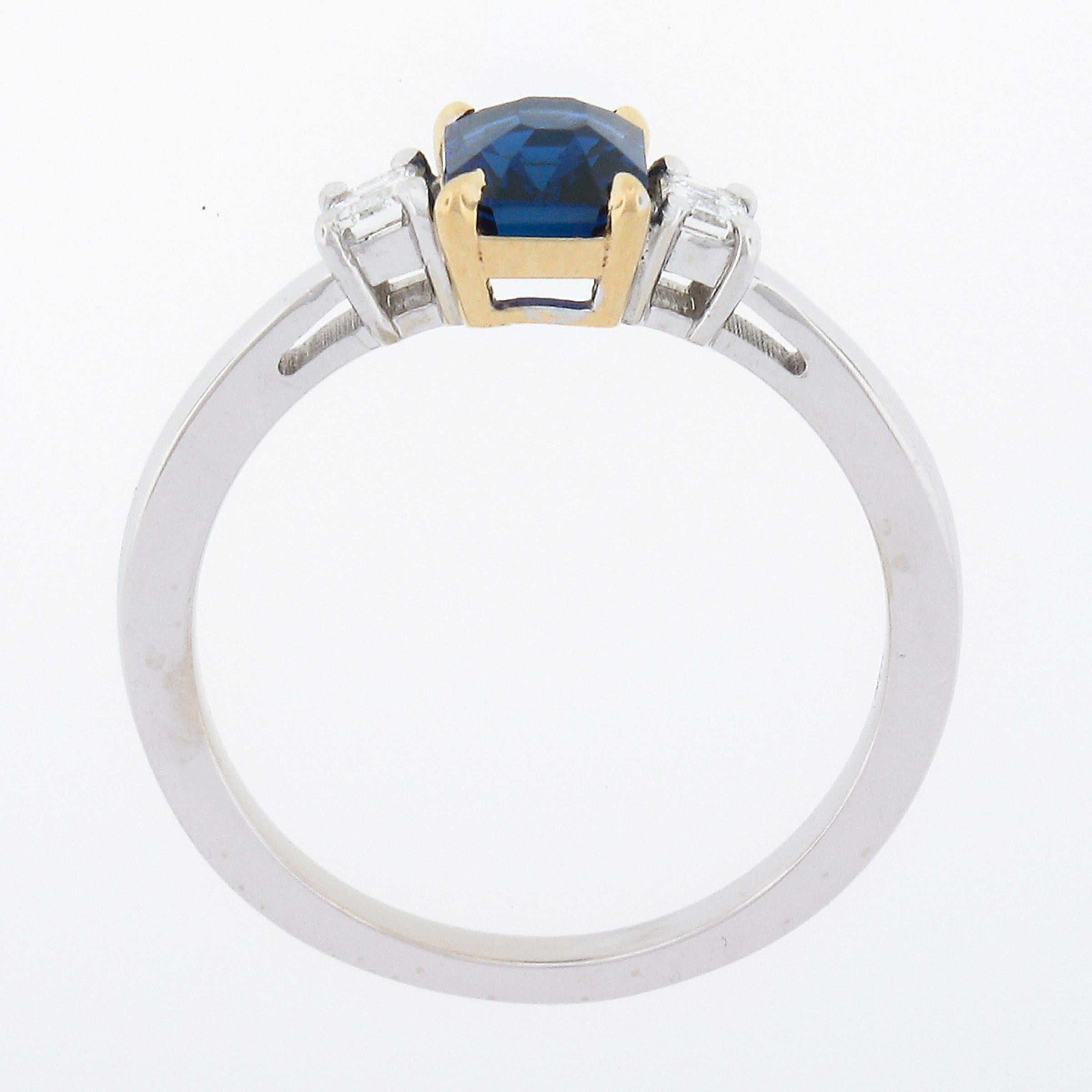 New 18K Gold 1.39ct GIA Emerald Cut Ceylon Sapphire & Diamond 3 Three Stone Ring For Sale 3