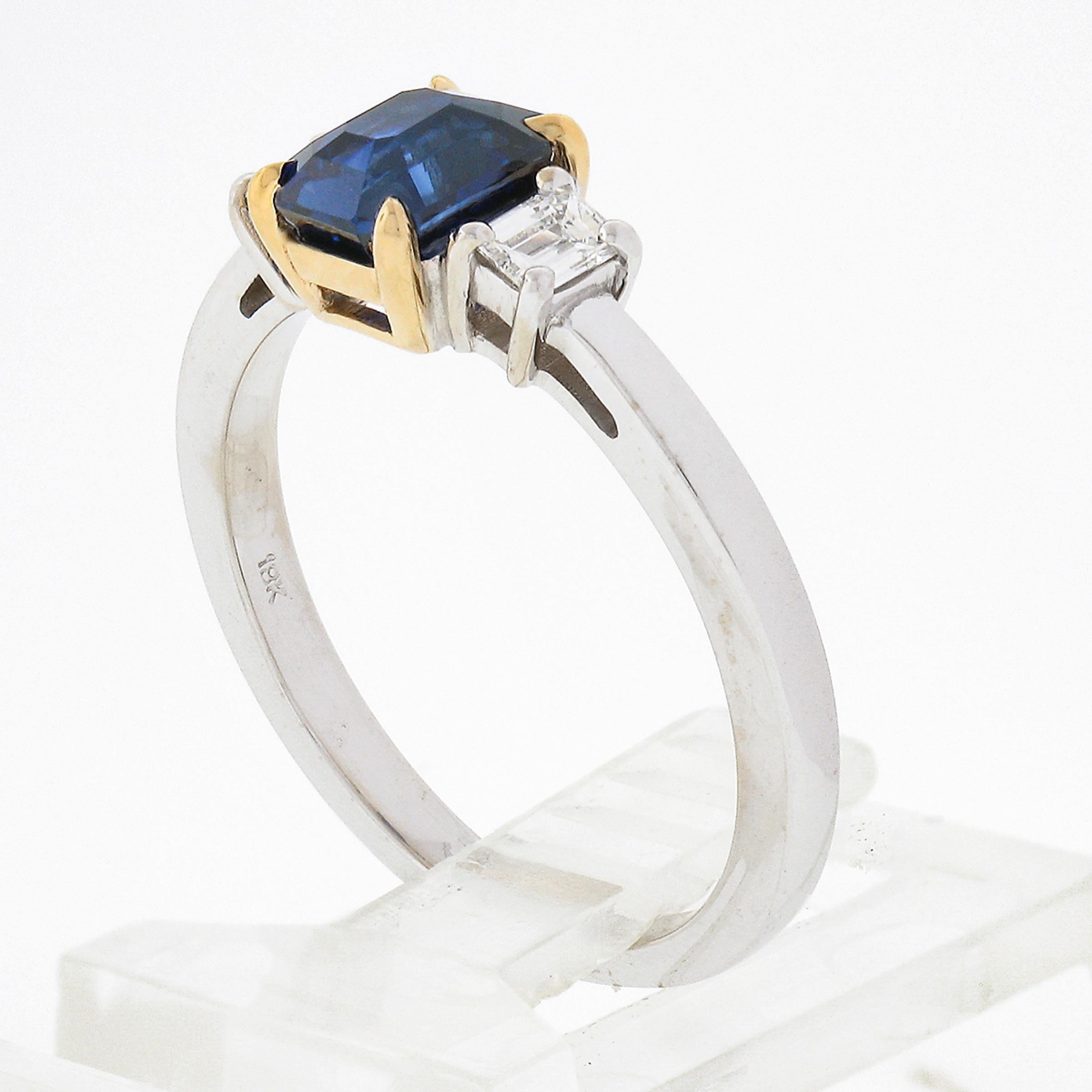 New 18K Gold 1.39ct GIA Emerald Cut Ceylon Sapphire & Diamond 3 Three Stone Ring For Sale 4