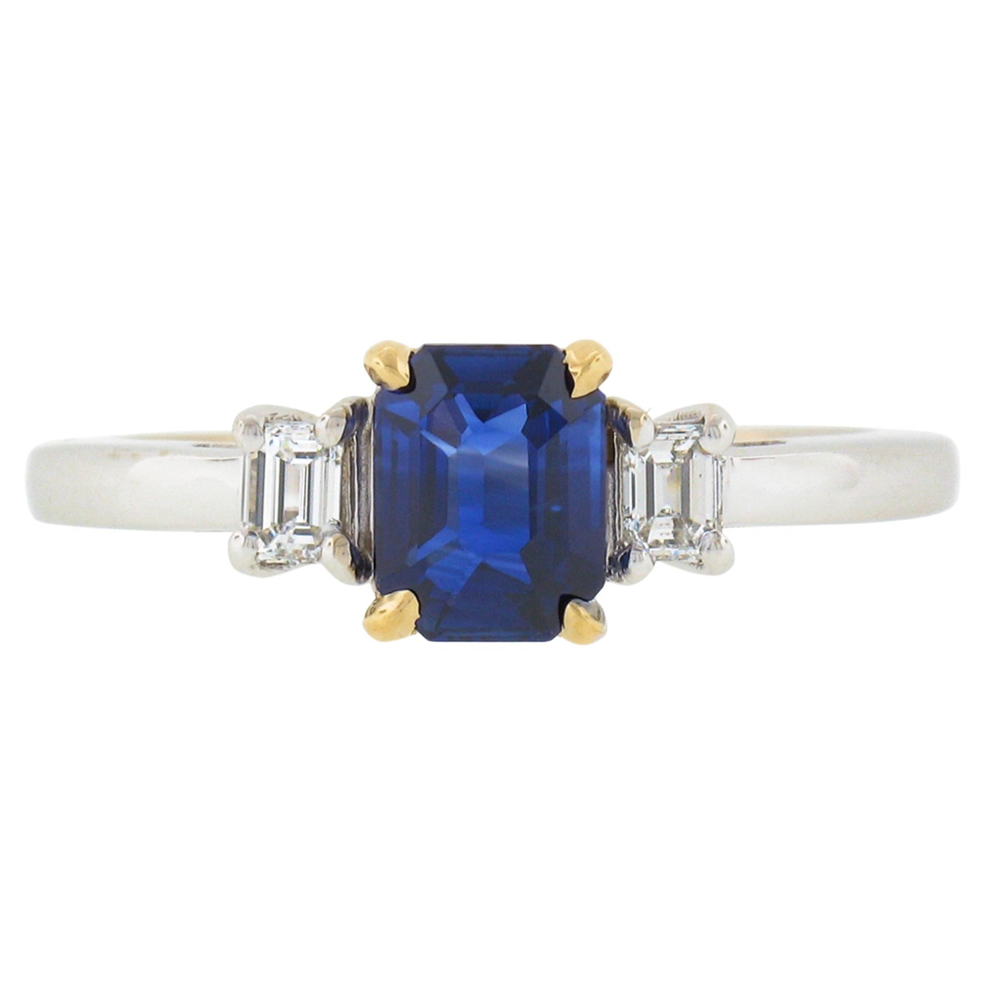New 18K Gold 1.39ct GIA Emerald Cut Ceylon Sapphire & Diamond 3 Three Stone Ring For Sale