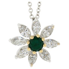New 18k Gold 1.52ct Emerald Solitaire & Marquise Diamond Flower Pendant W/ Chain