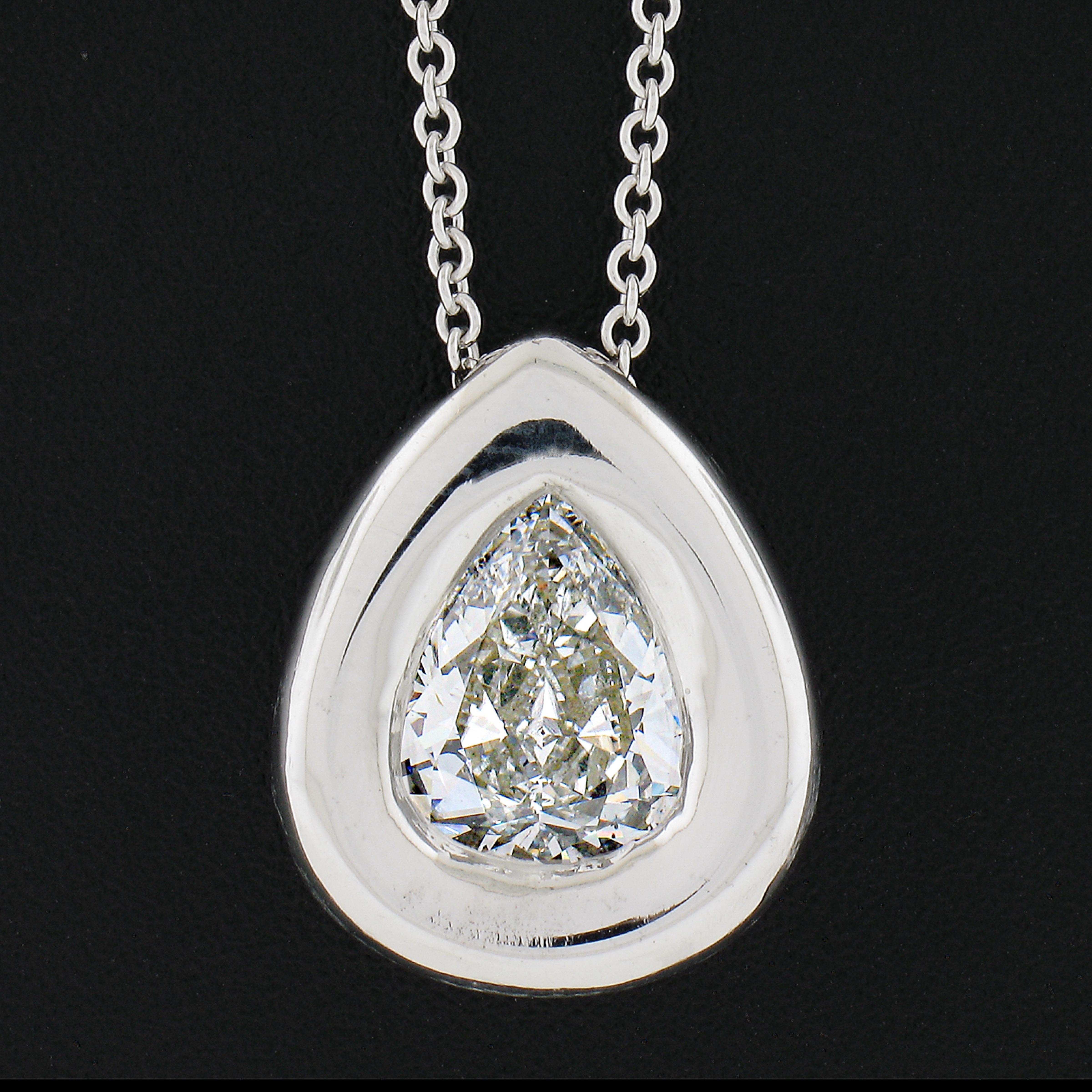 Women's NEW 18K Gold 1.55ct GIA Pear Cut Bezel Diamond Solitaire Pendant & 20