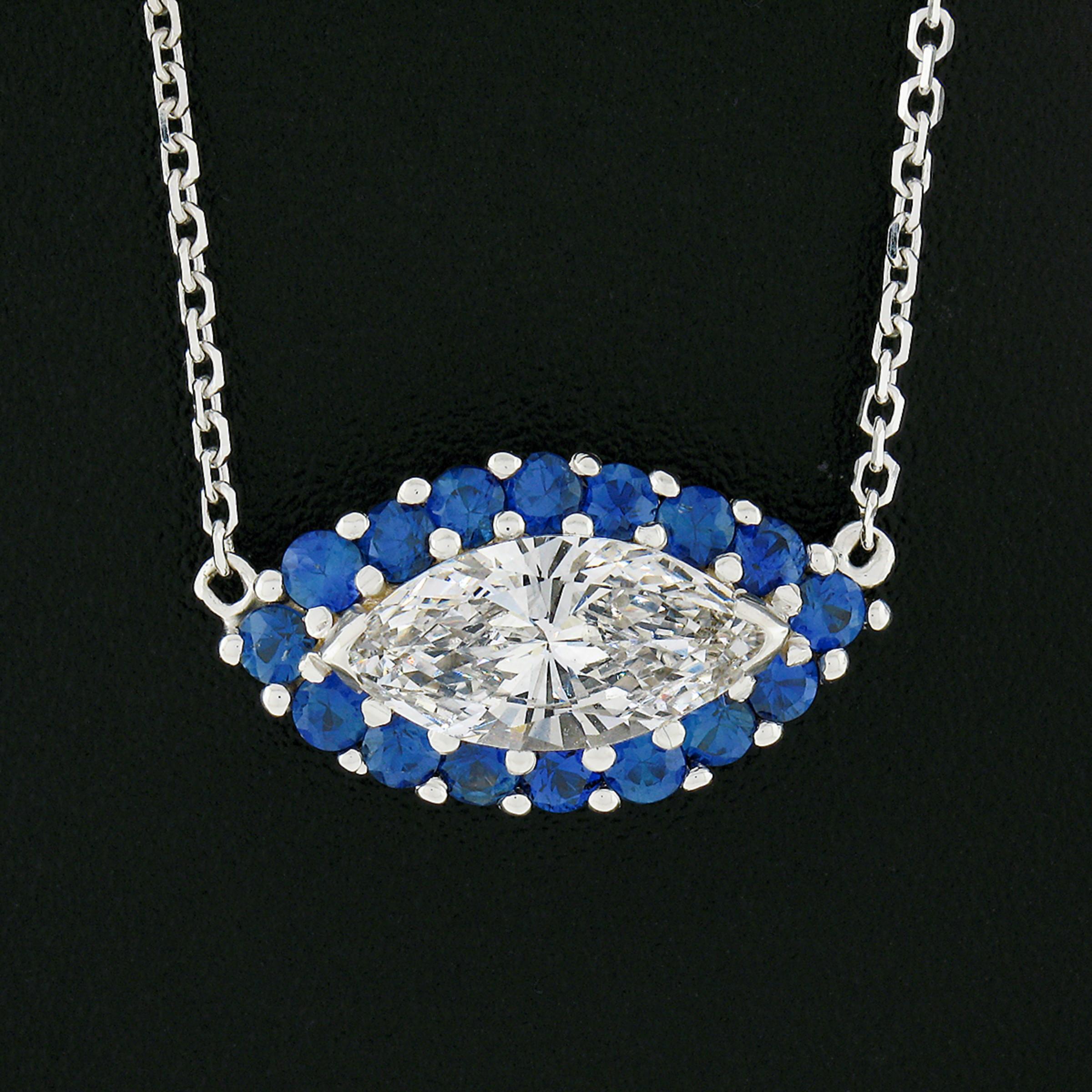Here we have a gorgeous, brand new, pendant necklace crafted in solid 18k white gold. The necklace features an outstanding evil eye design constructed from a very fine, GIA certified, marquise brilliant cut diamond solitaire neatly set at the center