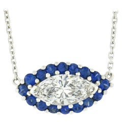 Neu, Halskette mit Evil Eye-Anhänger, 18 Karat Gold 1,56 Karat GIA Marquise Diamant Saphir Halo