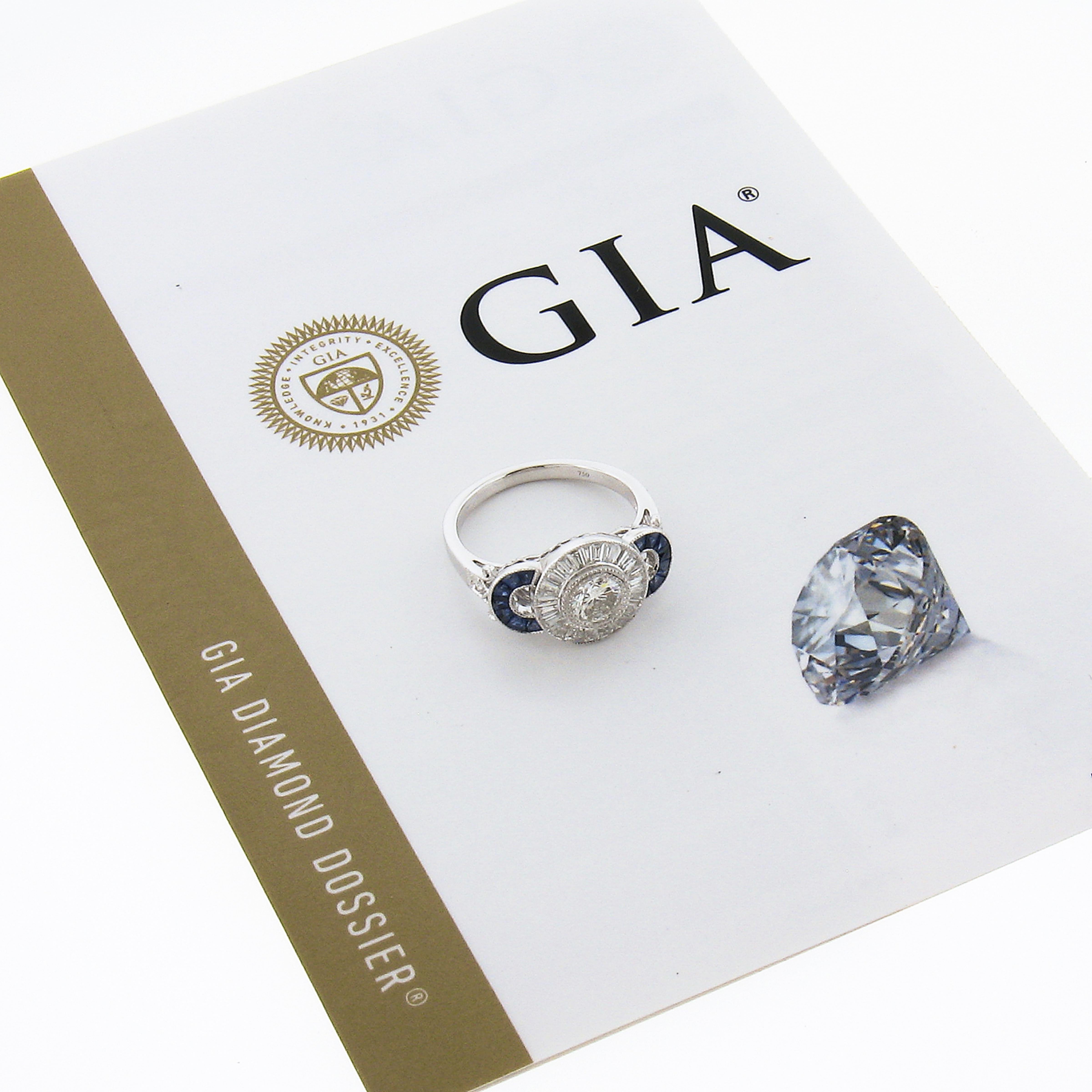 New 18k Gold 1.66ct GIA Round Diamond Baguette Halo Sapphire Bezel Milgrain Ring For Sale 5