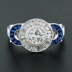 New 18k Gold 1.66ct GIA Round Diamond Baguette Halo Sapphire Bezel Milgrain Ring