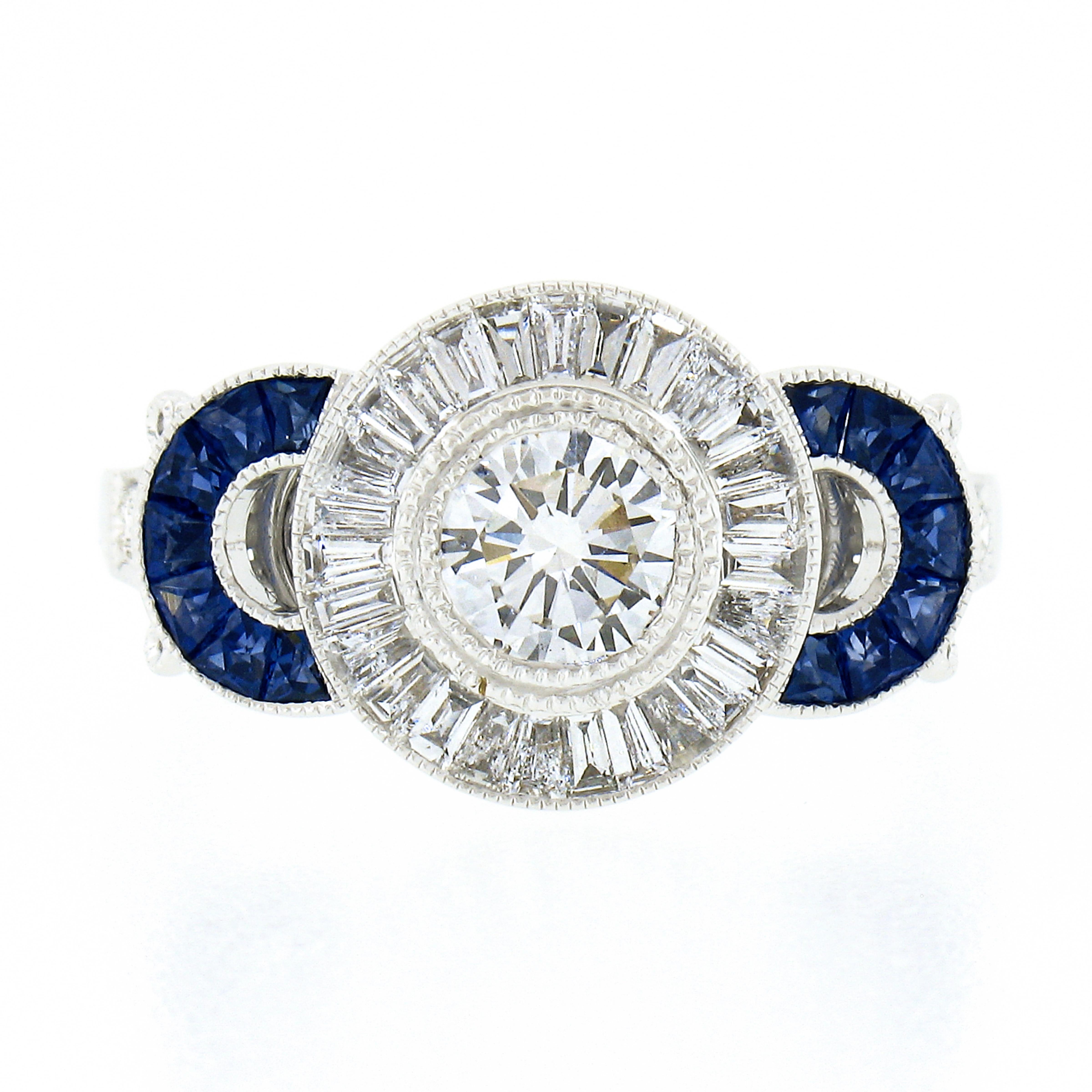 New 18k Gold 1.66ct GIA Round Diamond Baguette Halo Sapphire Bezel Milgrain Ring In New Condition For Sale In Montclair, NJ