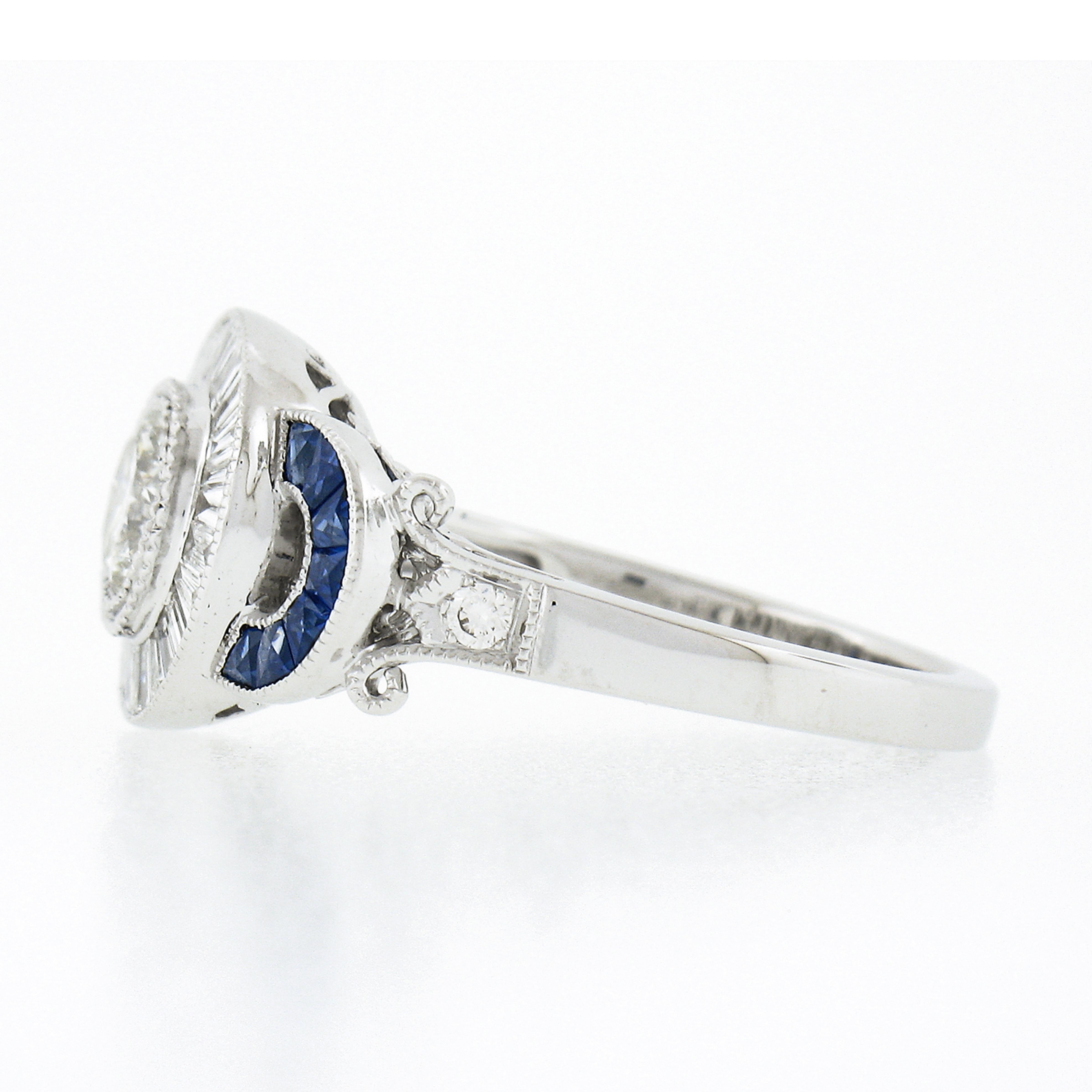 New 18k Gold 1.66ct GIA Round Diamond Baguette Halo Sapphire Bezel Milgrain Ring For Sale 1